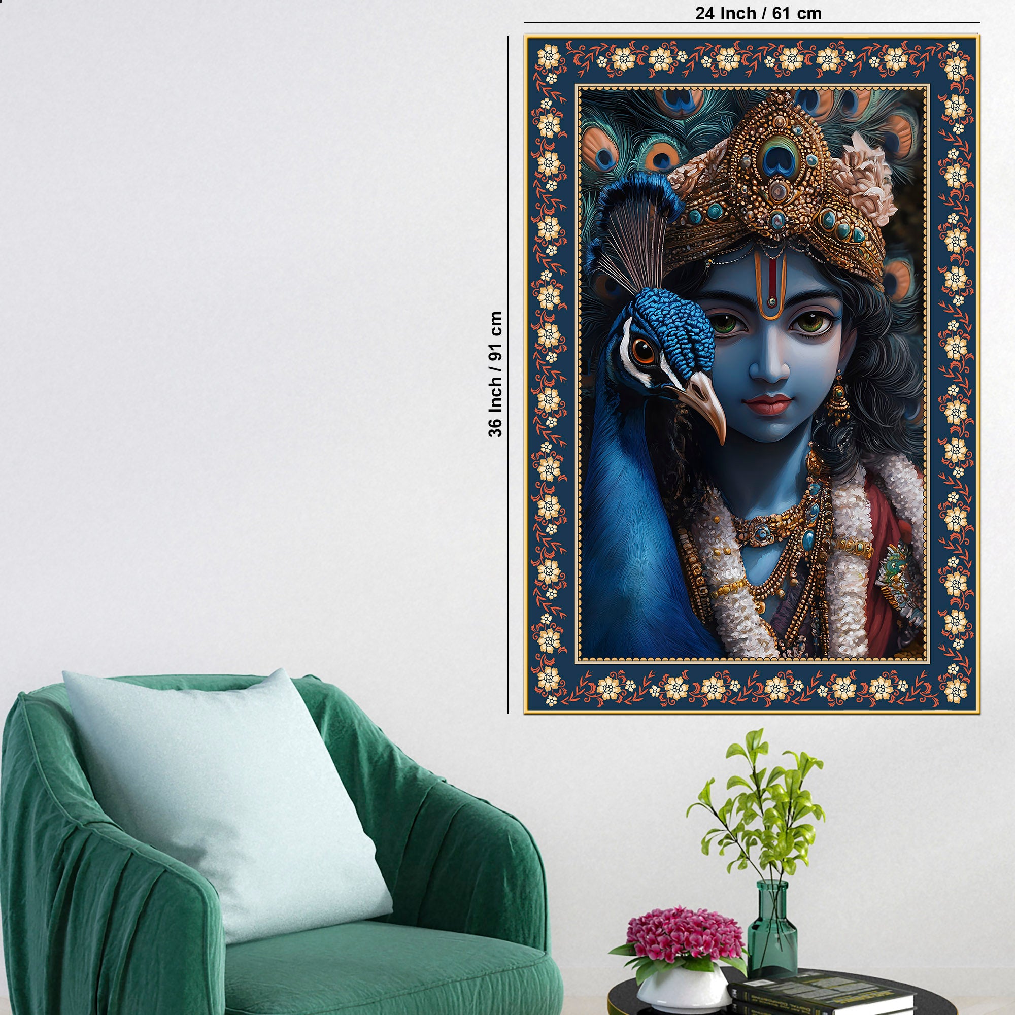 Krishna Grace Feathered Friend Floral Border Vertical Wall Painting