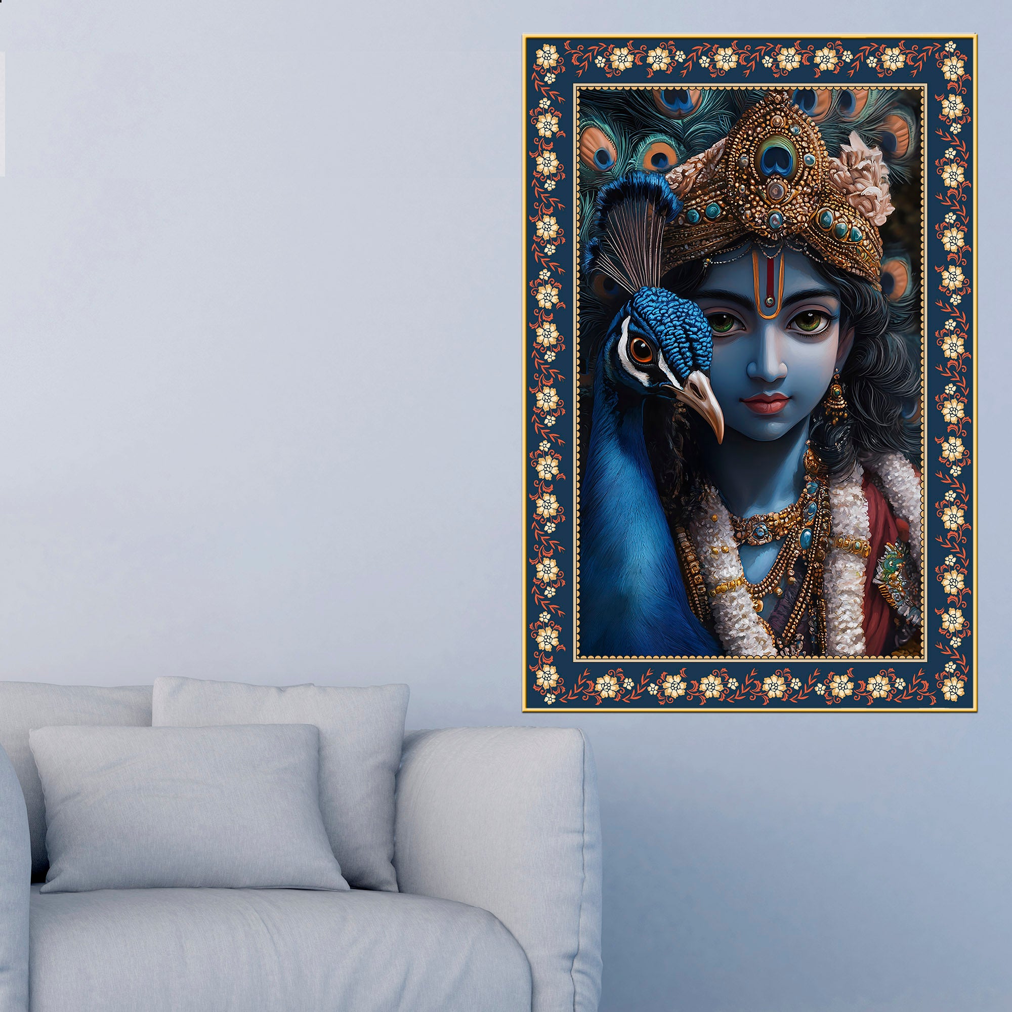 Krishna Grace Feathered Friend Floral Border Vertical Wall Painting