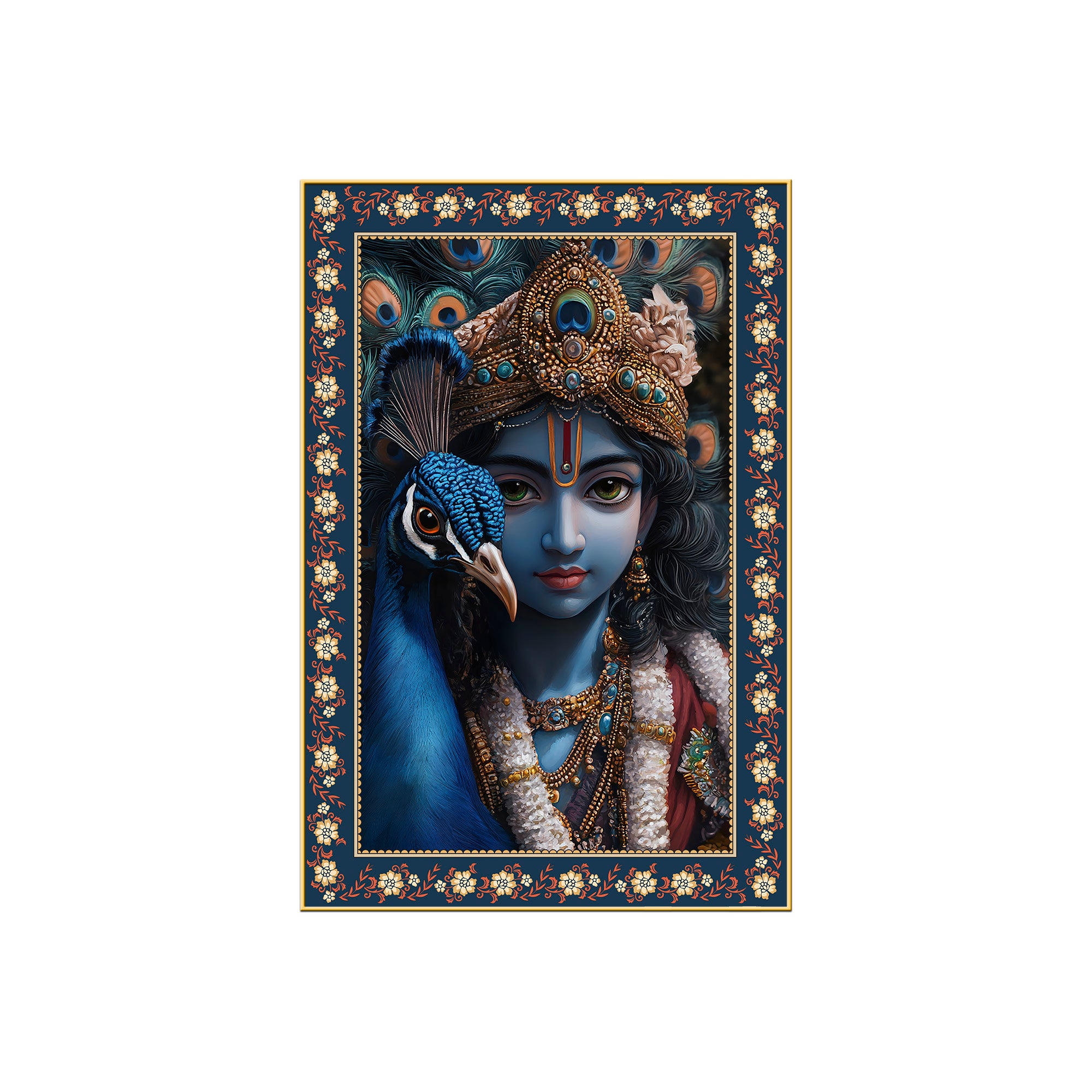 Krishna Grace Feathered Friend Floral Border Vertical Wall Painting