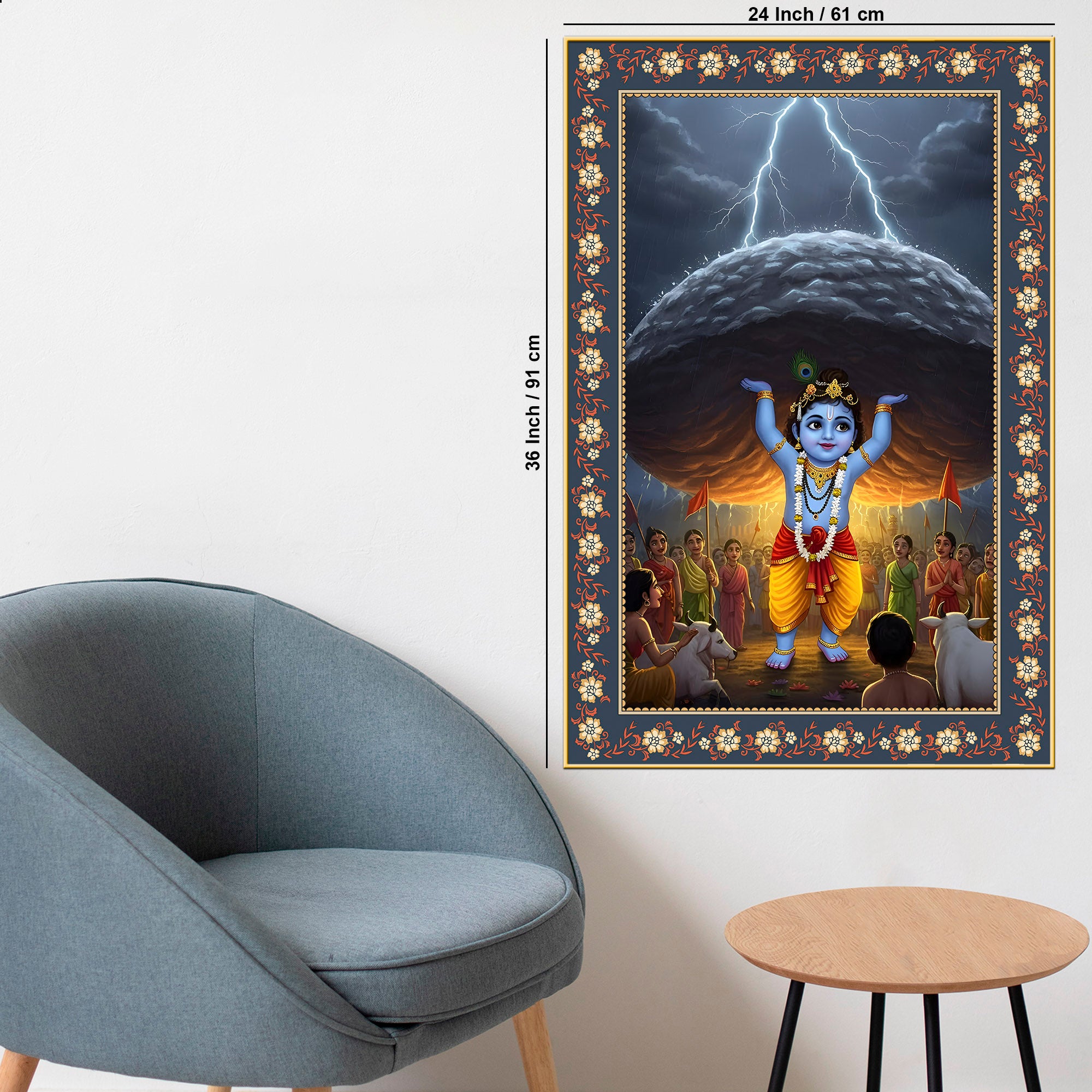 Krishna lifting Mount Govardhana Floral Border Vertical Wall Painting