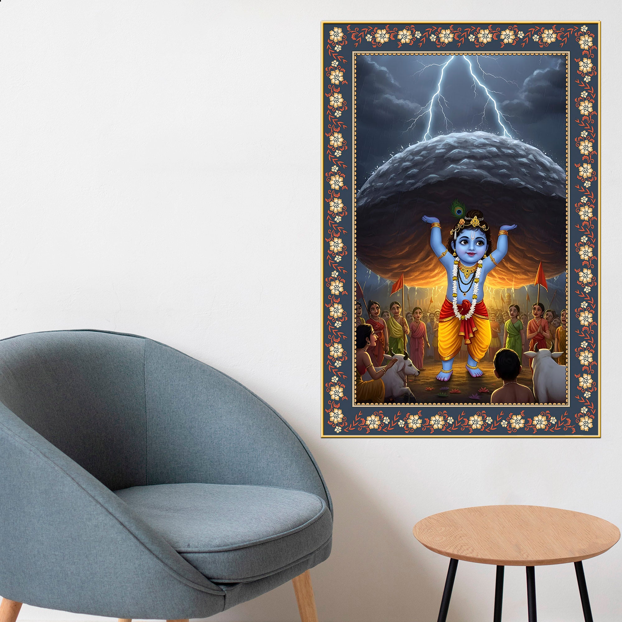 Krishna lifting Mount Govardhana Floral Border Vertical Wall Painting