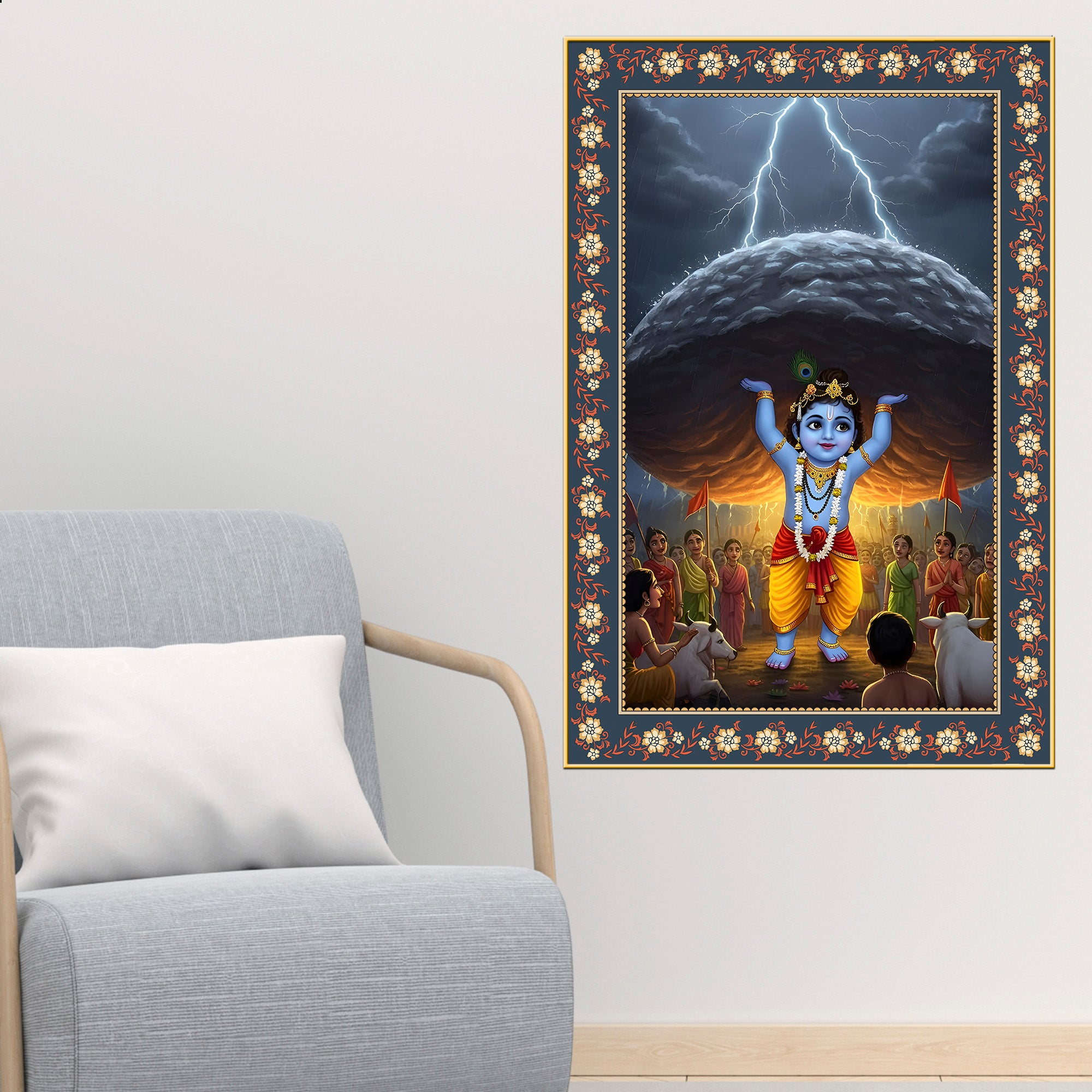 Krishna lifting Mount Govardhana Floral Border Vertical Wall Painting