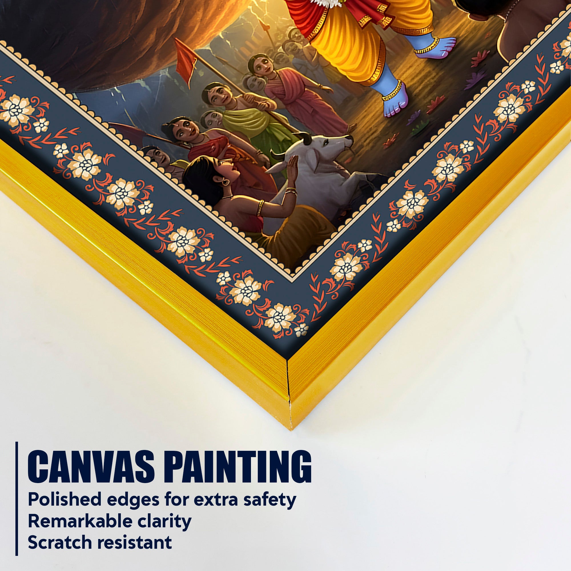 Krishna lifting Mount Govardhana Floral Border Vertical Wall Painting