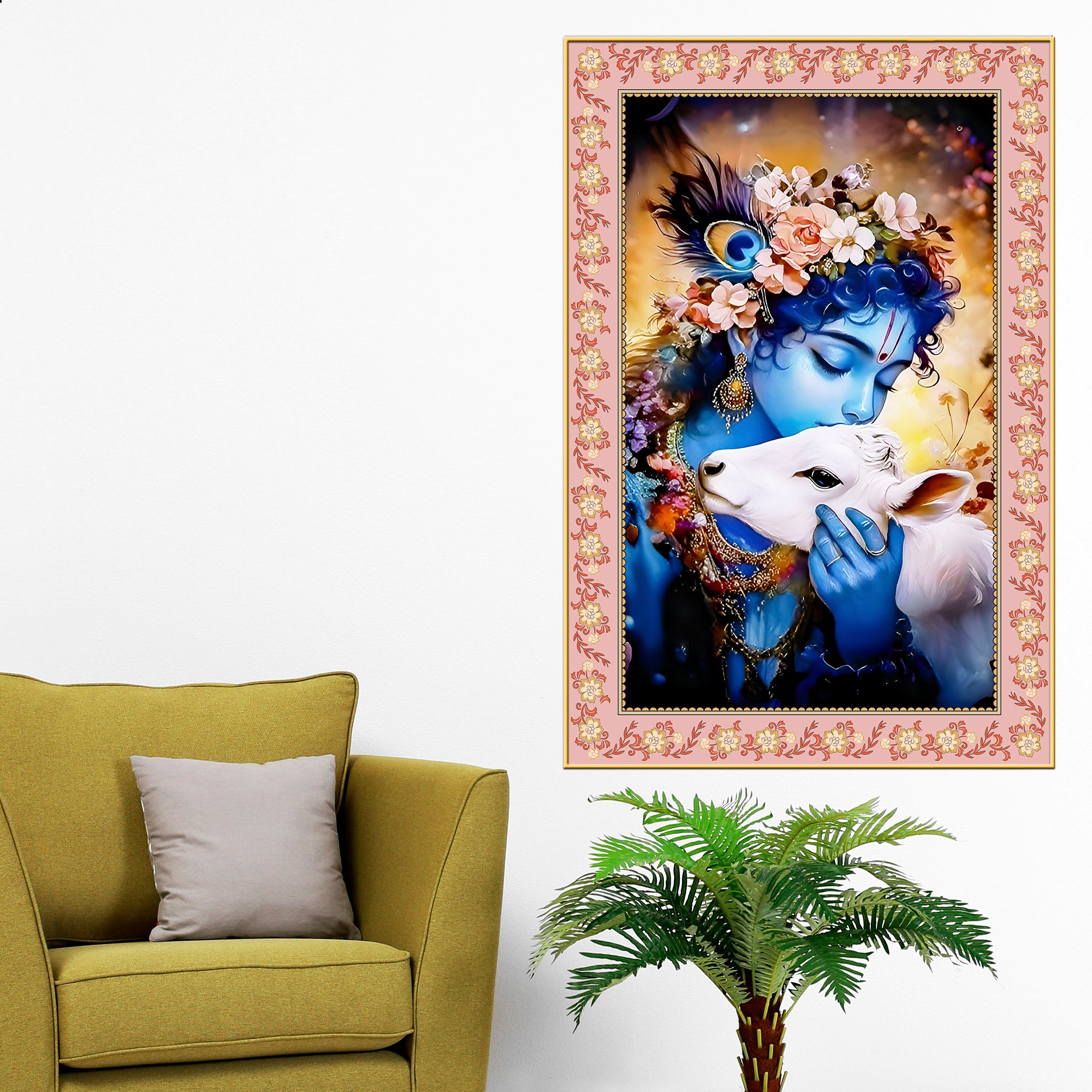 Krishna The Little Cowherd Floral Border Vertical Wall Painting