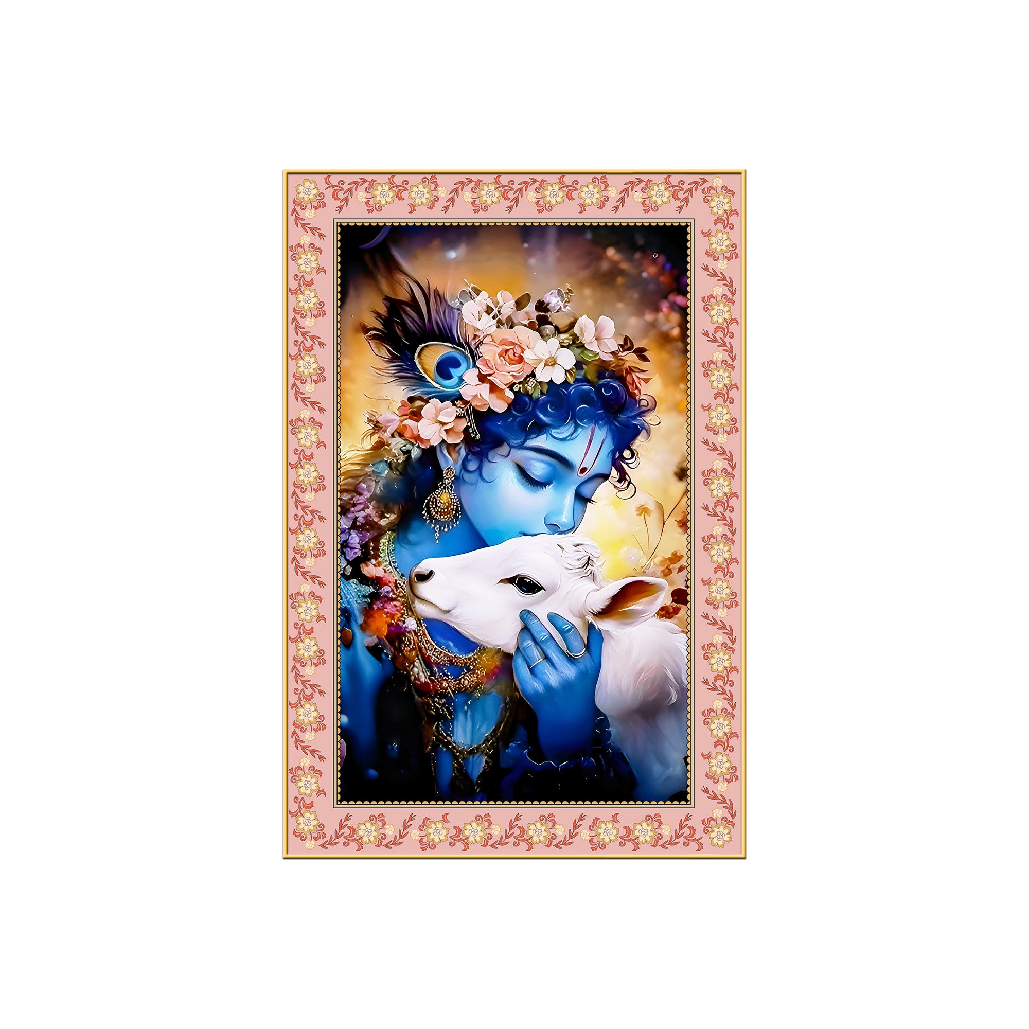 Krishna The Little Cowherd Floral Border Vertical Wall Painting