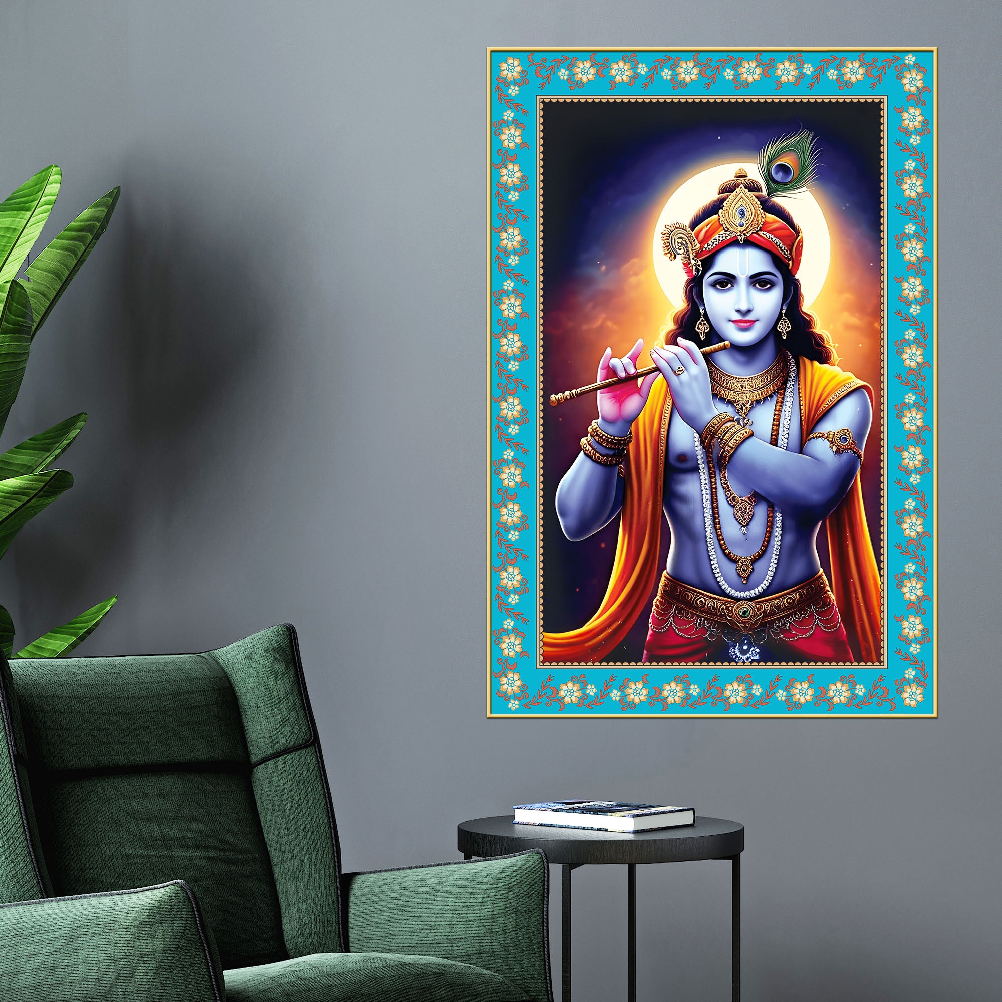 Krishna with Flute Floral Border Vertical Canvas Wall Painting