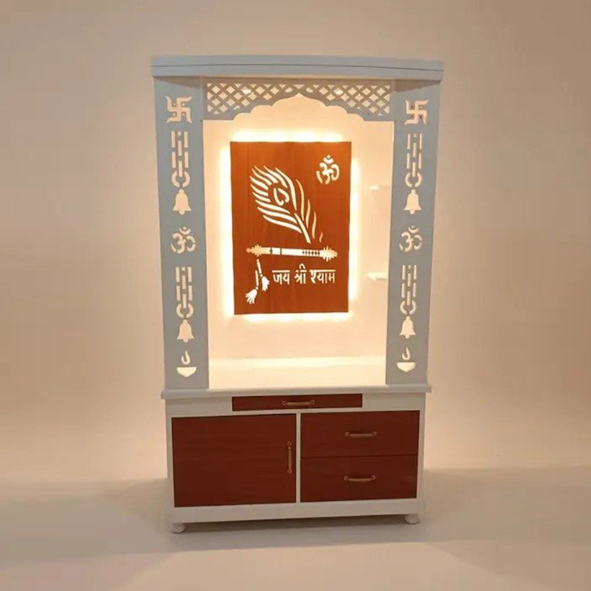 Lavish White Finish Wooden Floor Temple with Jai Shree Shyam and Murli LED Back Panel & Spacious Drawer Storage Cabinet for Home & Office