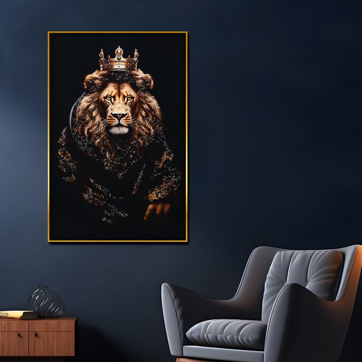 Lion King with Crown Framed Crystal Glass Painting