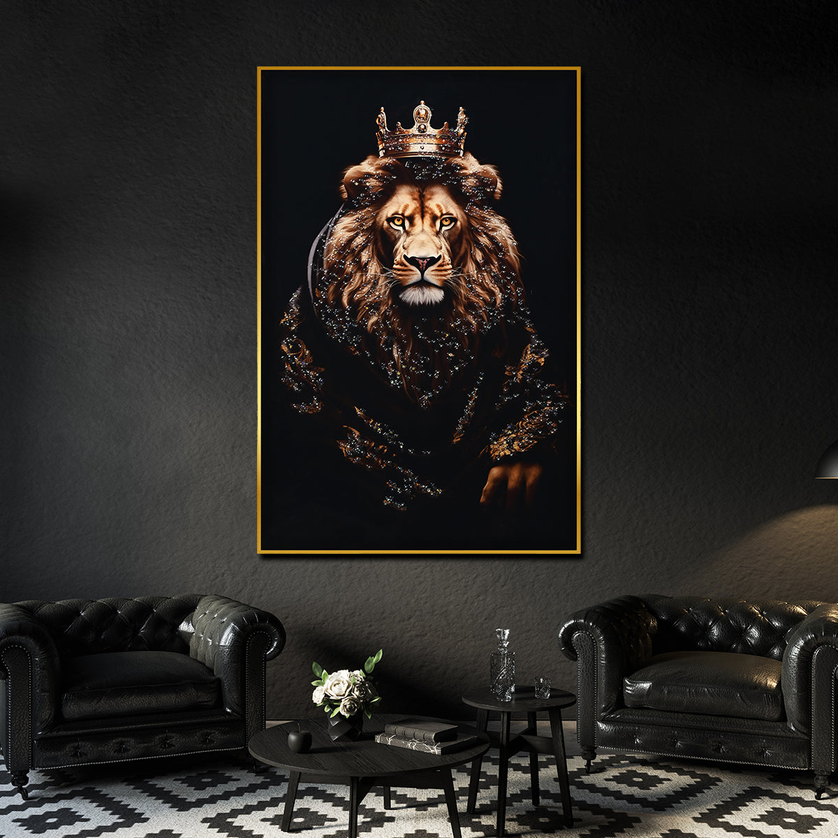 Lion King with Crown Framed Crystal Glass Painting