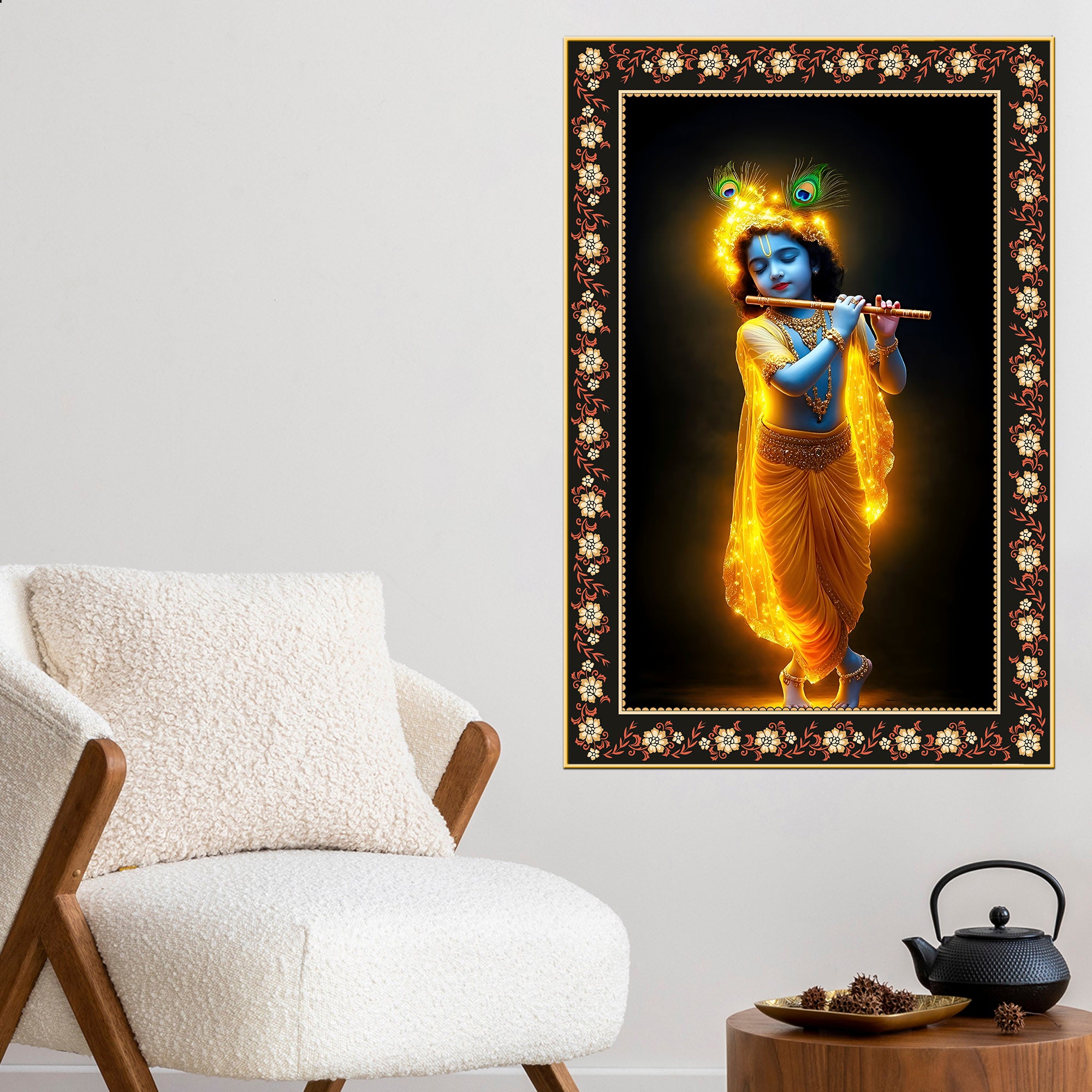Little Krishna Playing Flute Floral Border Vertical Wall Painting