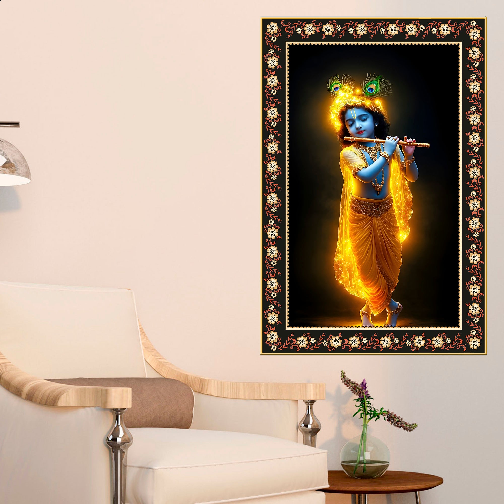 Little Krishna Playing Flute Floral Border Vertical Wall Painting