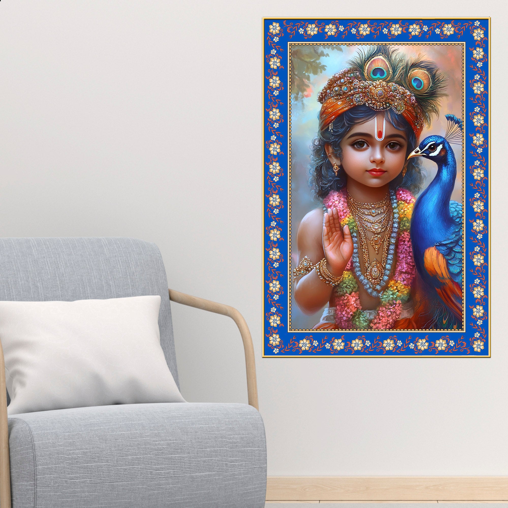 Little Krishna with Peacock Floral Border Vertical Wall Painting