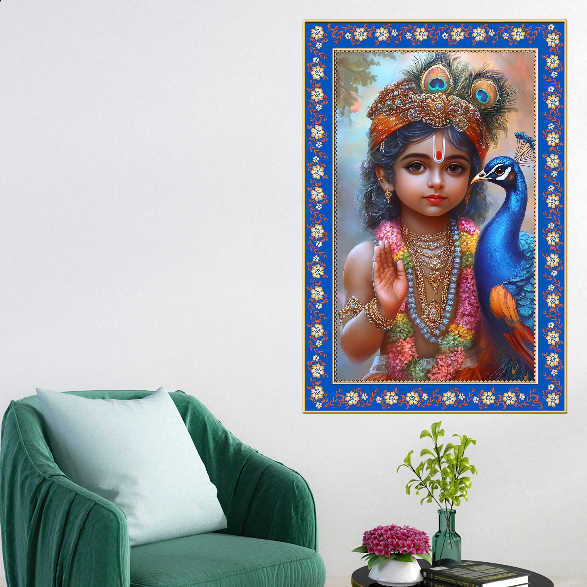 Little Krishna with Peacock Floral Border Vertical Wall Painting