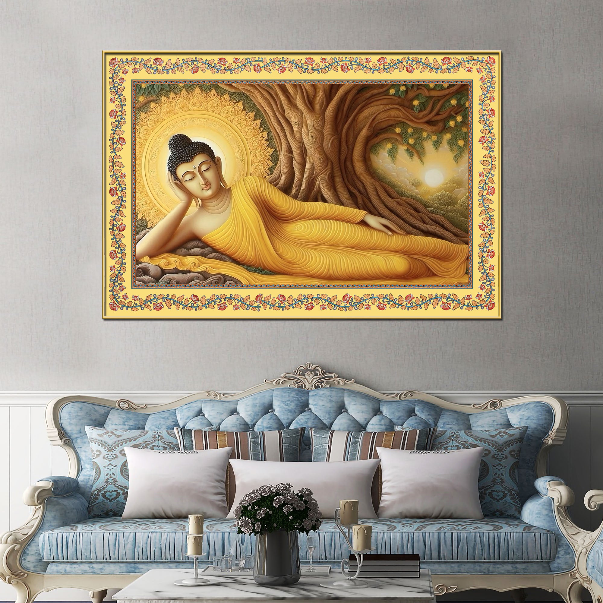 Lord Buddha in Reclining Posture Floral Border Canvas Wall Painting