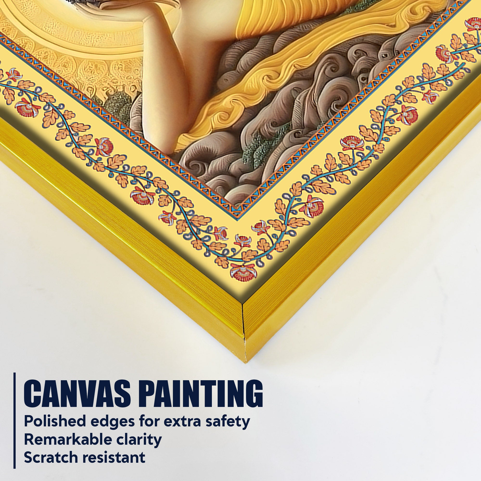 Lord Buddha in Reclining Posture Floral Border Canvas Wall Painting