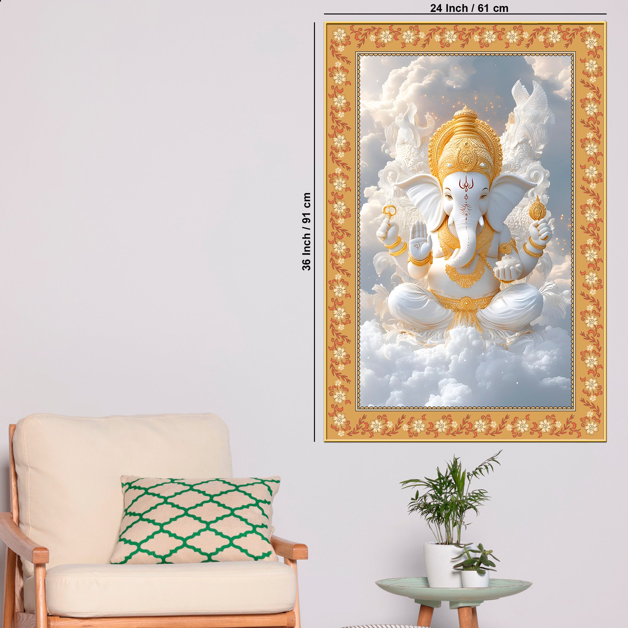 Lord Ganesha in Sky Floral Border Vertical Wall Painting