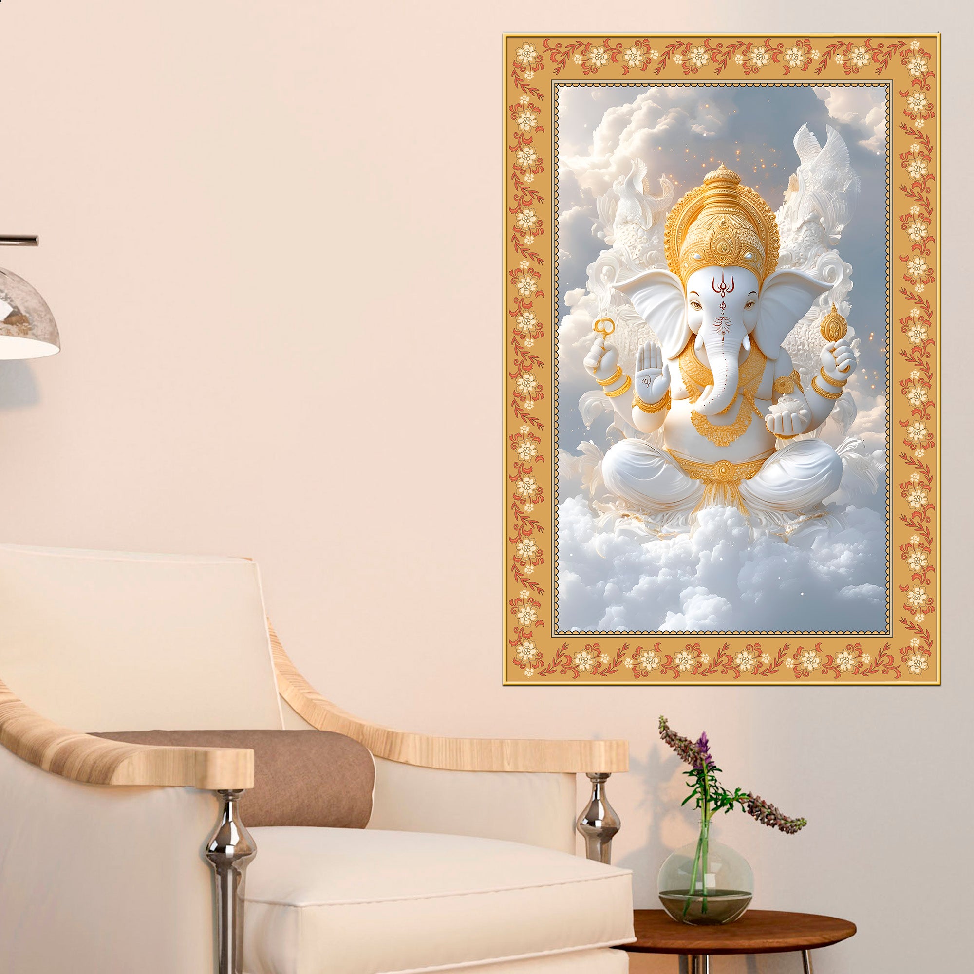 Lord Ganesha in Sky Floral Border Vertical Wall Painting