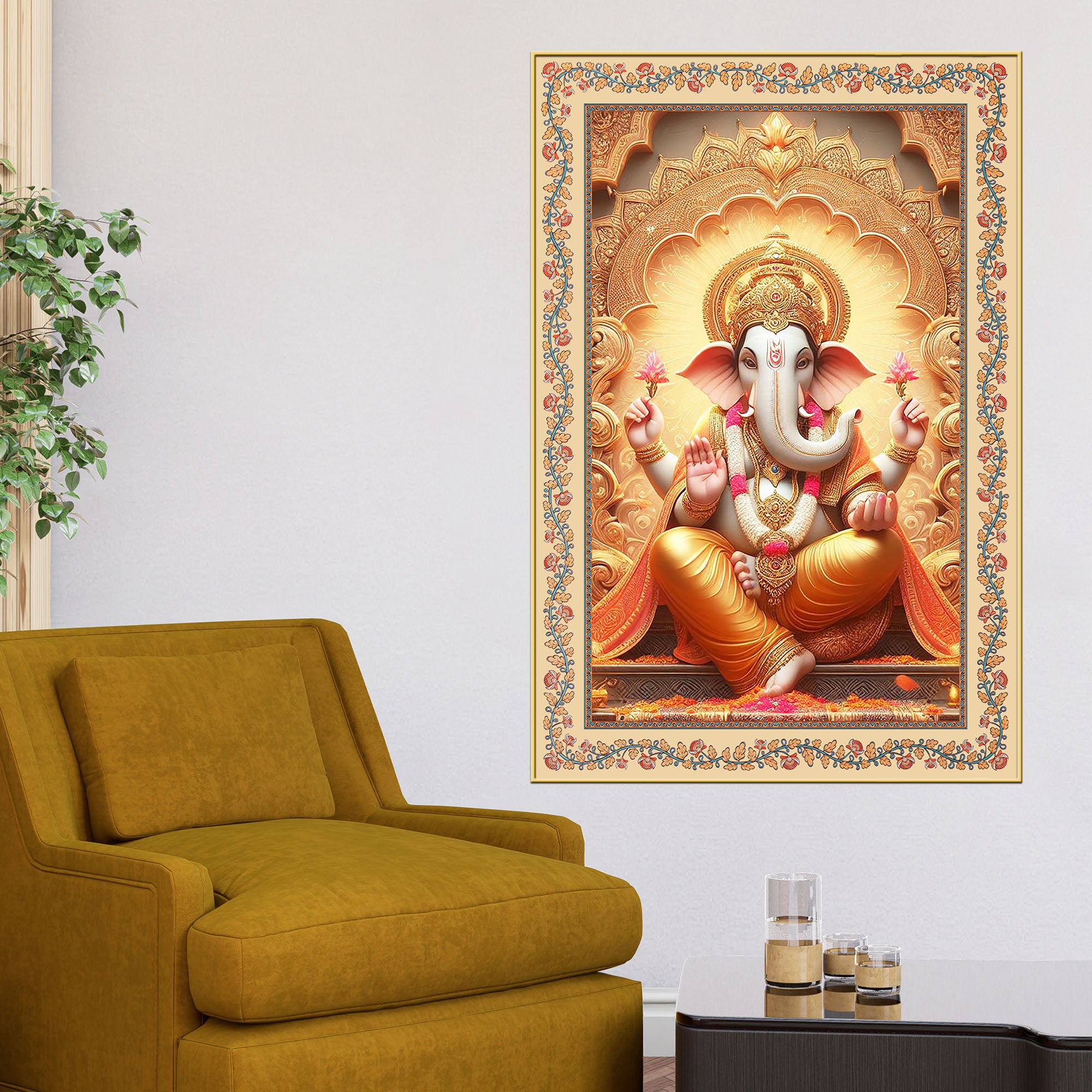 Lord Ganesha on Throne Floral Border Vertical Canvas Wall Painting