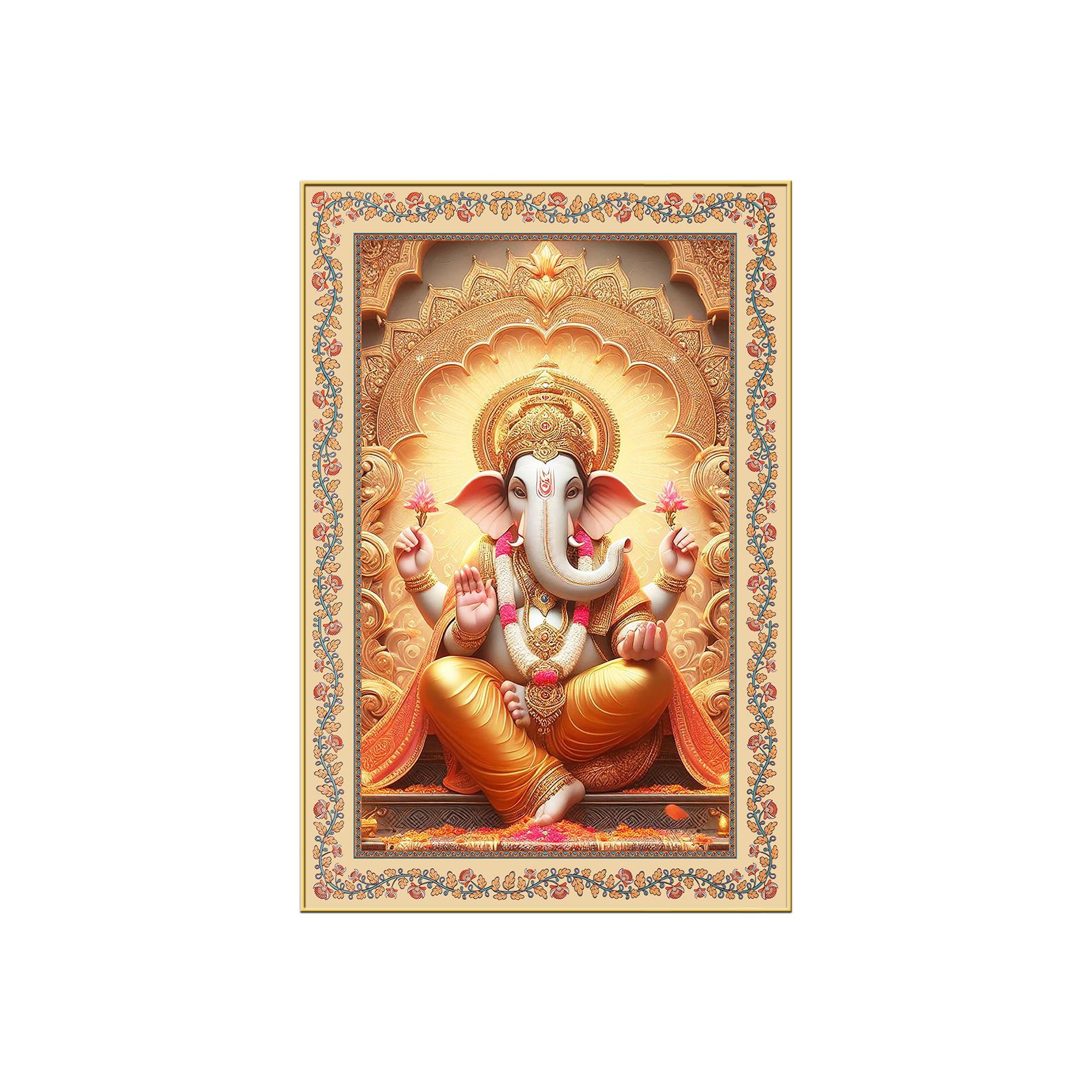 Lord Ganesha on Throne Floral Border Vertical Canvas Wall Painting