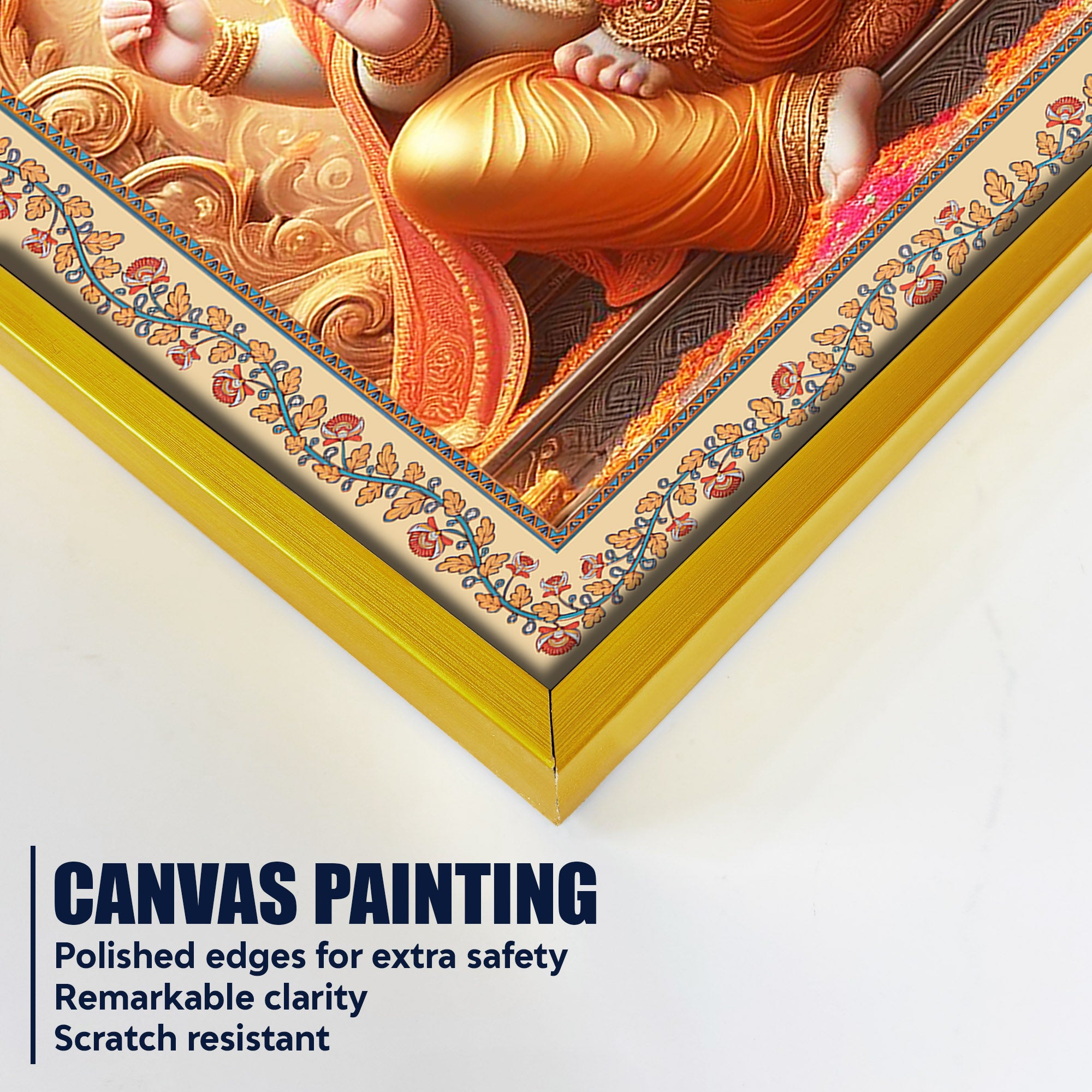 Lord Ganesha on Throne Floral Border Vertical Canvas Wall Painting