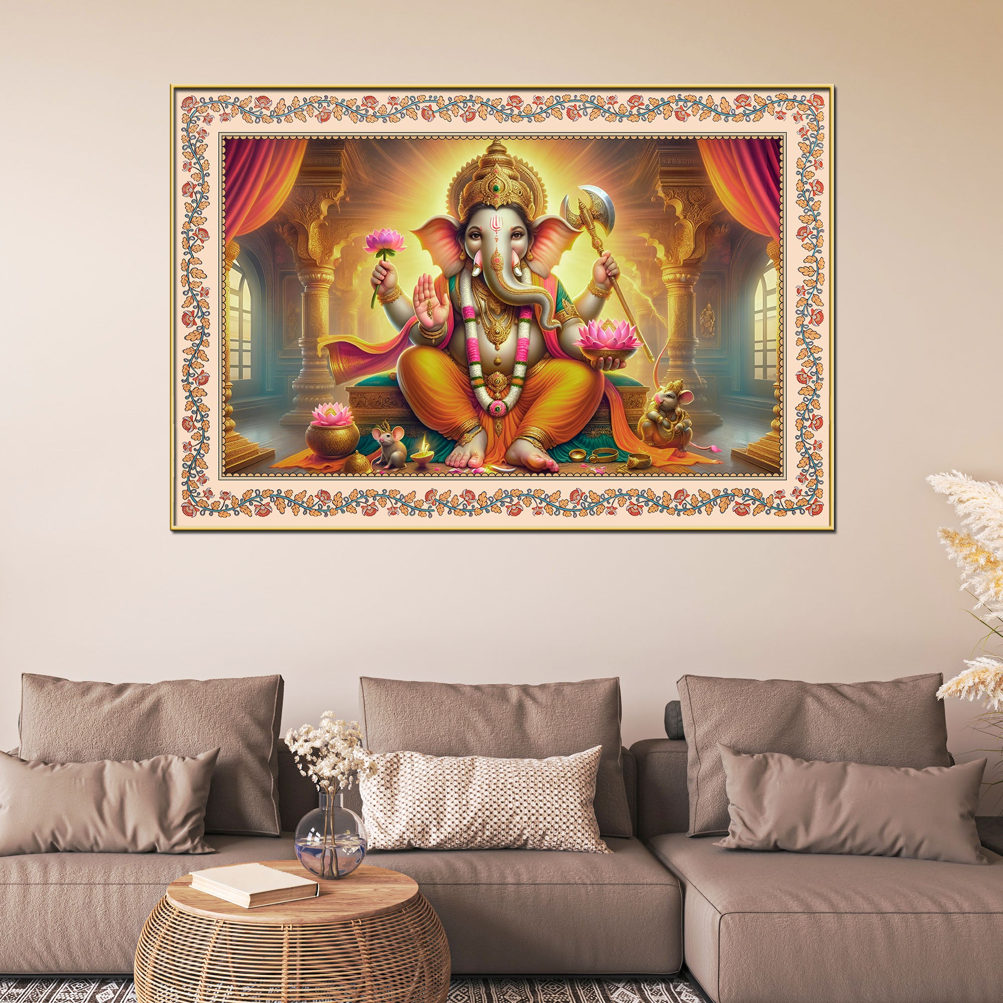 Lord Ganesha Seated on Throne Floral Border Wall Painting