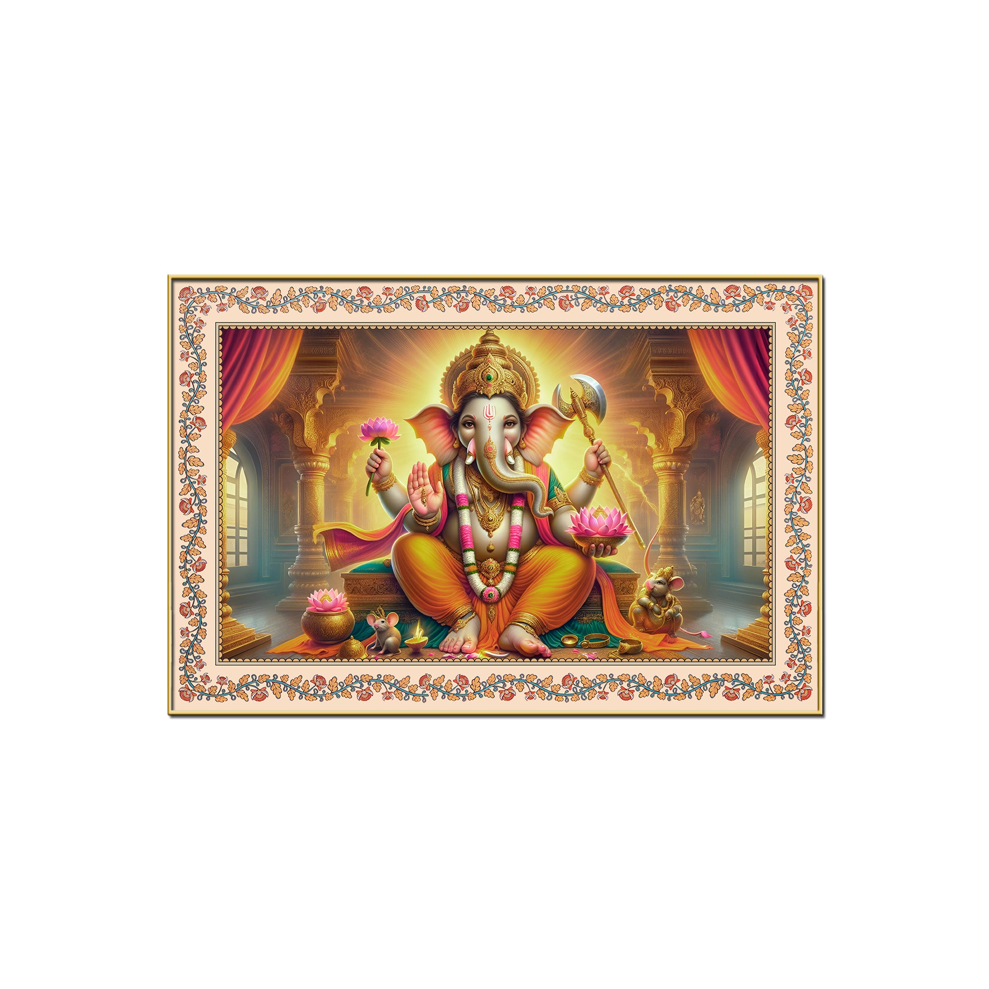Lord Ganesha Seated on Throne Floral Border Wall Painting