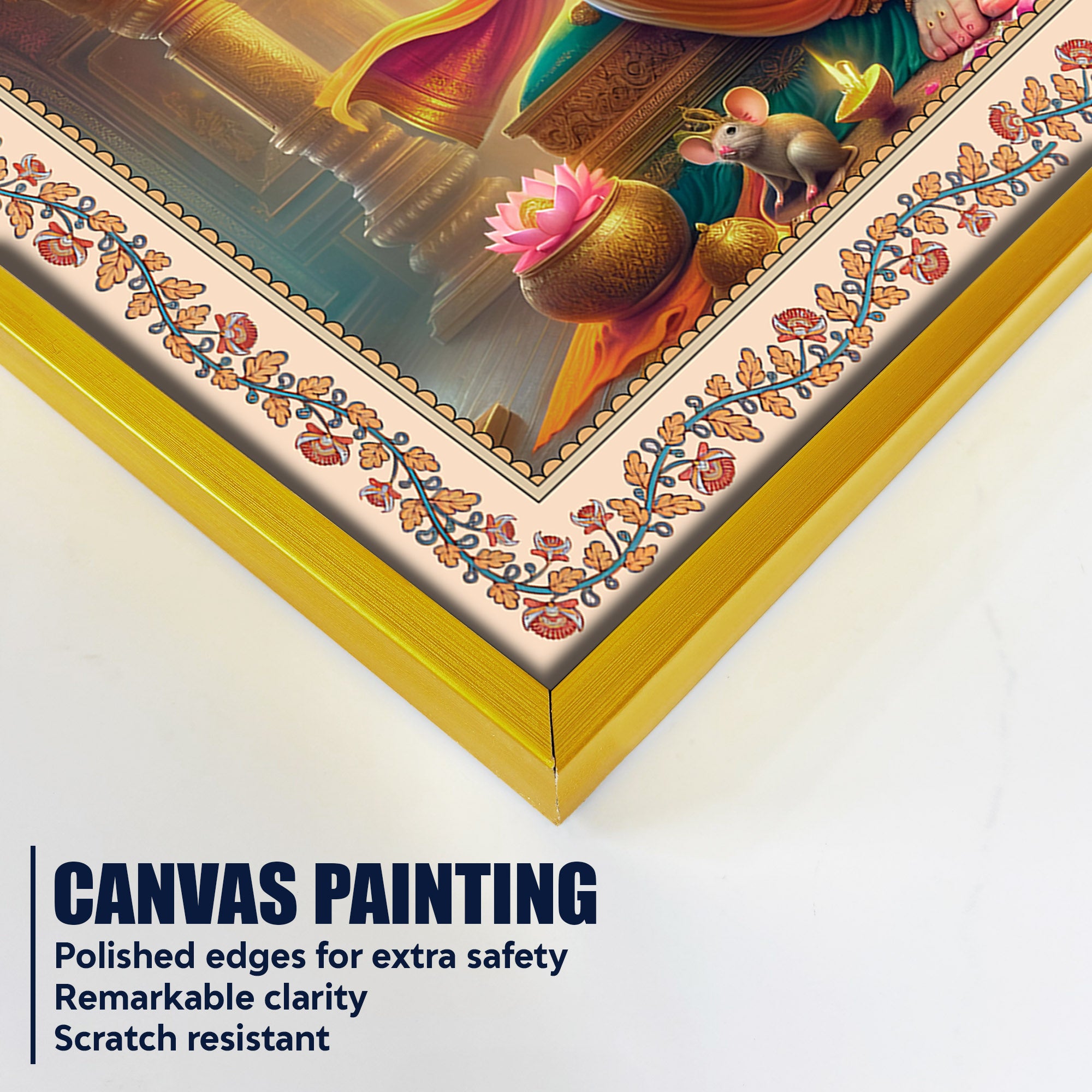 Lord Ganesha Seated on Throne Floral Border Wall Painting