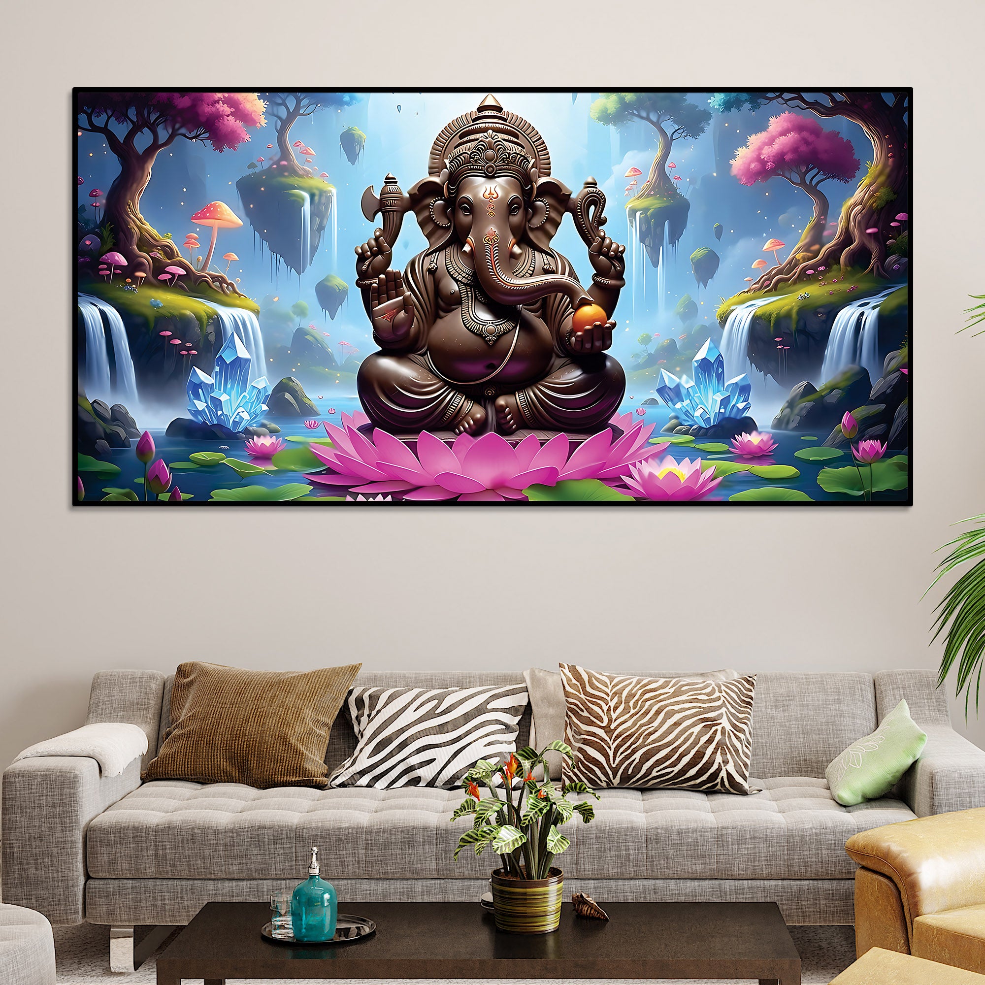 lord-ganesha-sitting-on-lotus-in-beautiful-nature-canvas-wall-painting