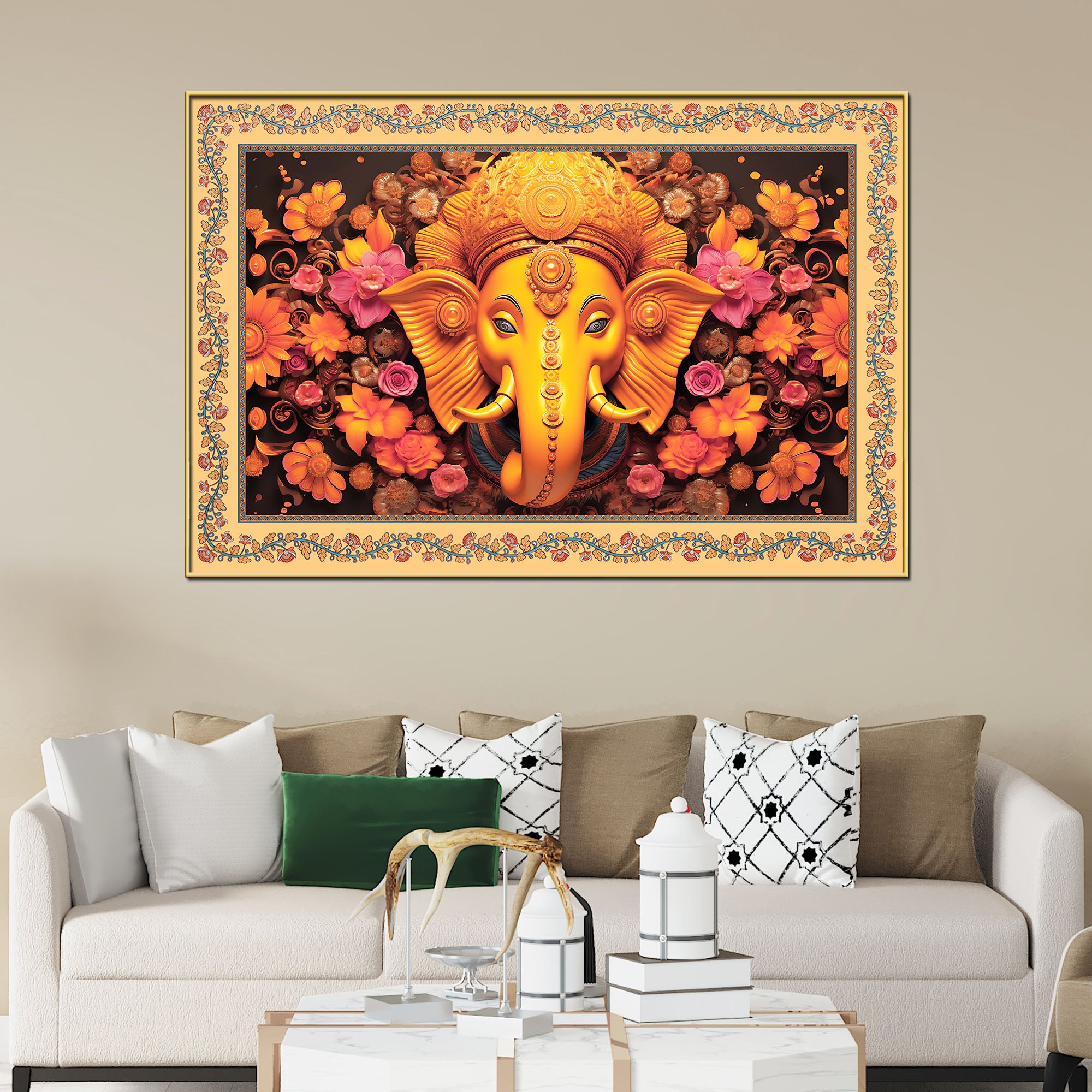 Lord Ganesha with Beautiful Flowers Border Canvas Wall Painting