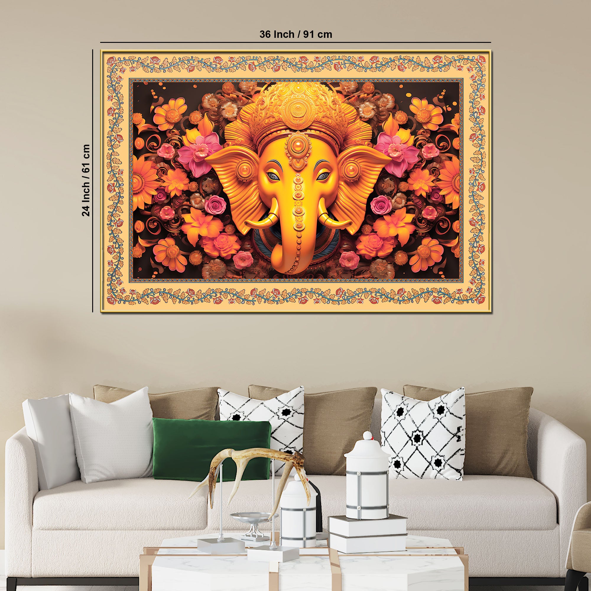 Lord Ganesha with Beautiful Flowers Border Canvas Wall Painting