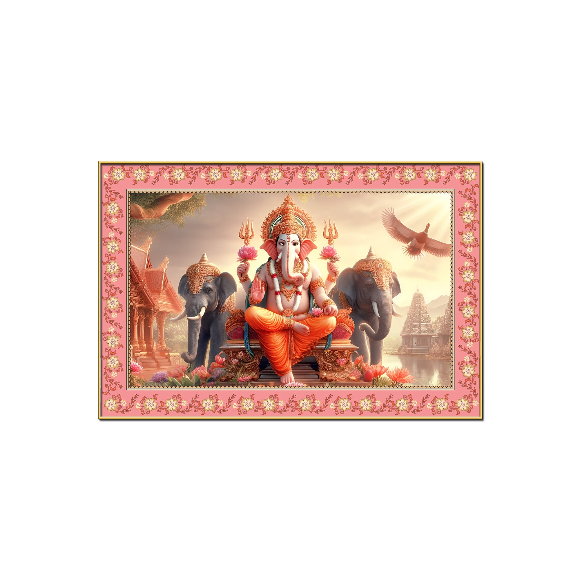 Lord Ganesha with Elephants Floral Border Canvas Wall Painting