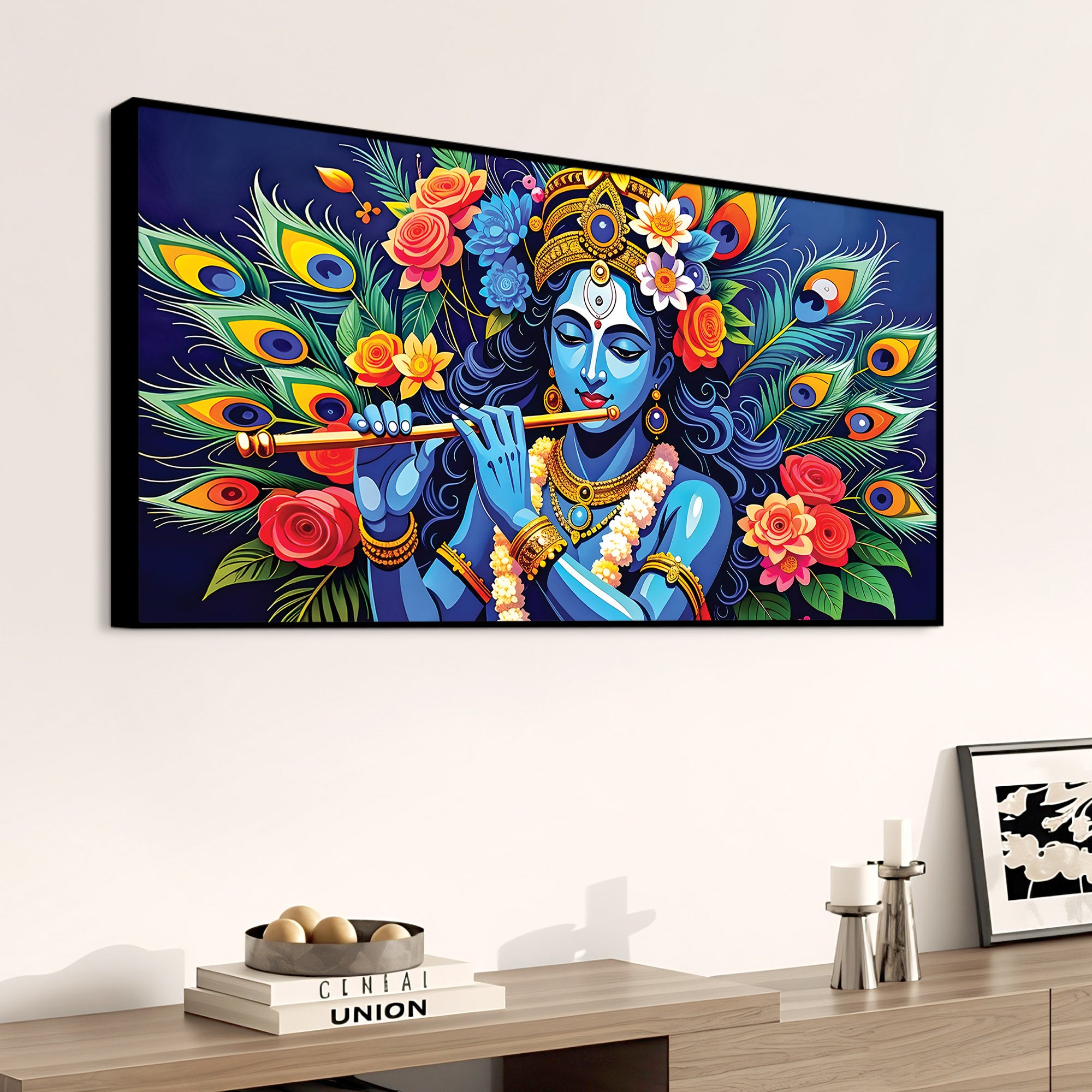 Lord Krishna Floral Peacock Theme Painting