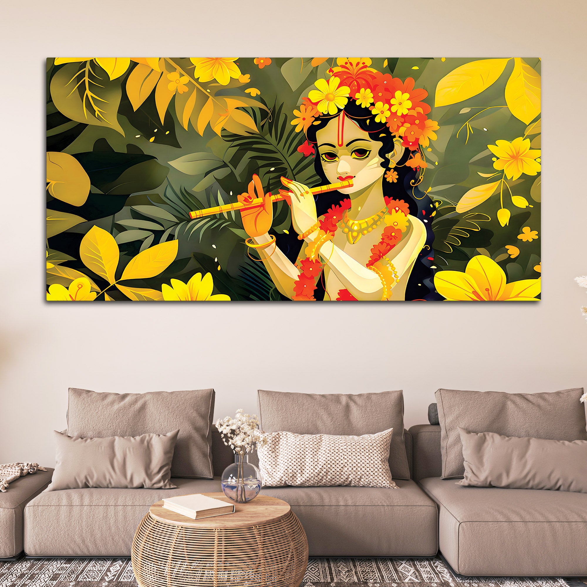 Lord Krishna Floral Theme Canvas Wall Painting for Home Decoration