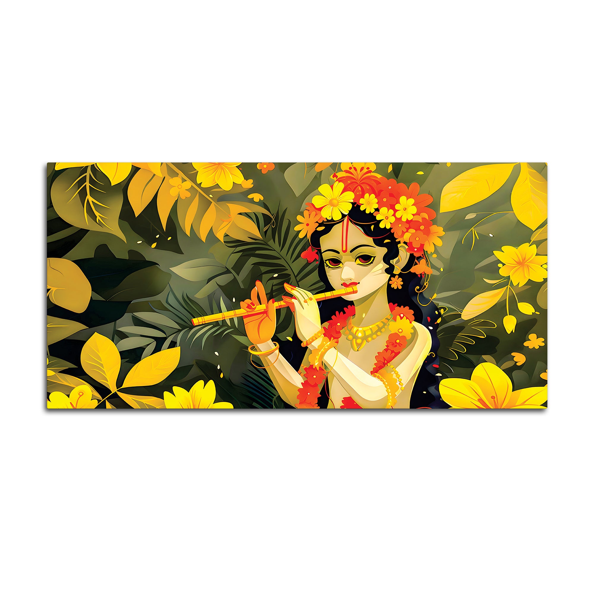 Lord Krishna Floral Theme Canvas Wall Painting for Home Decoration