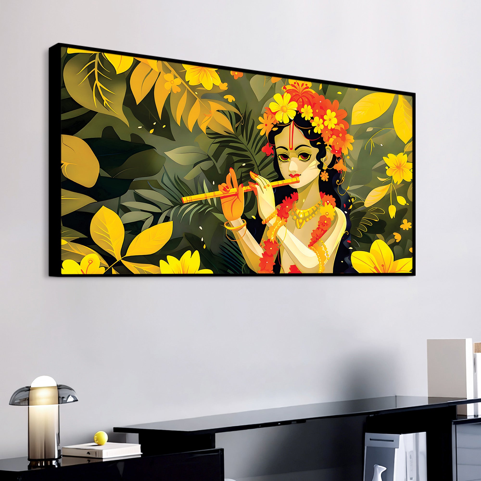 Lord Krishna Floral Theme Canvas Wall Painting for Home Decoration