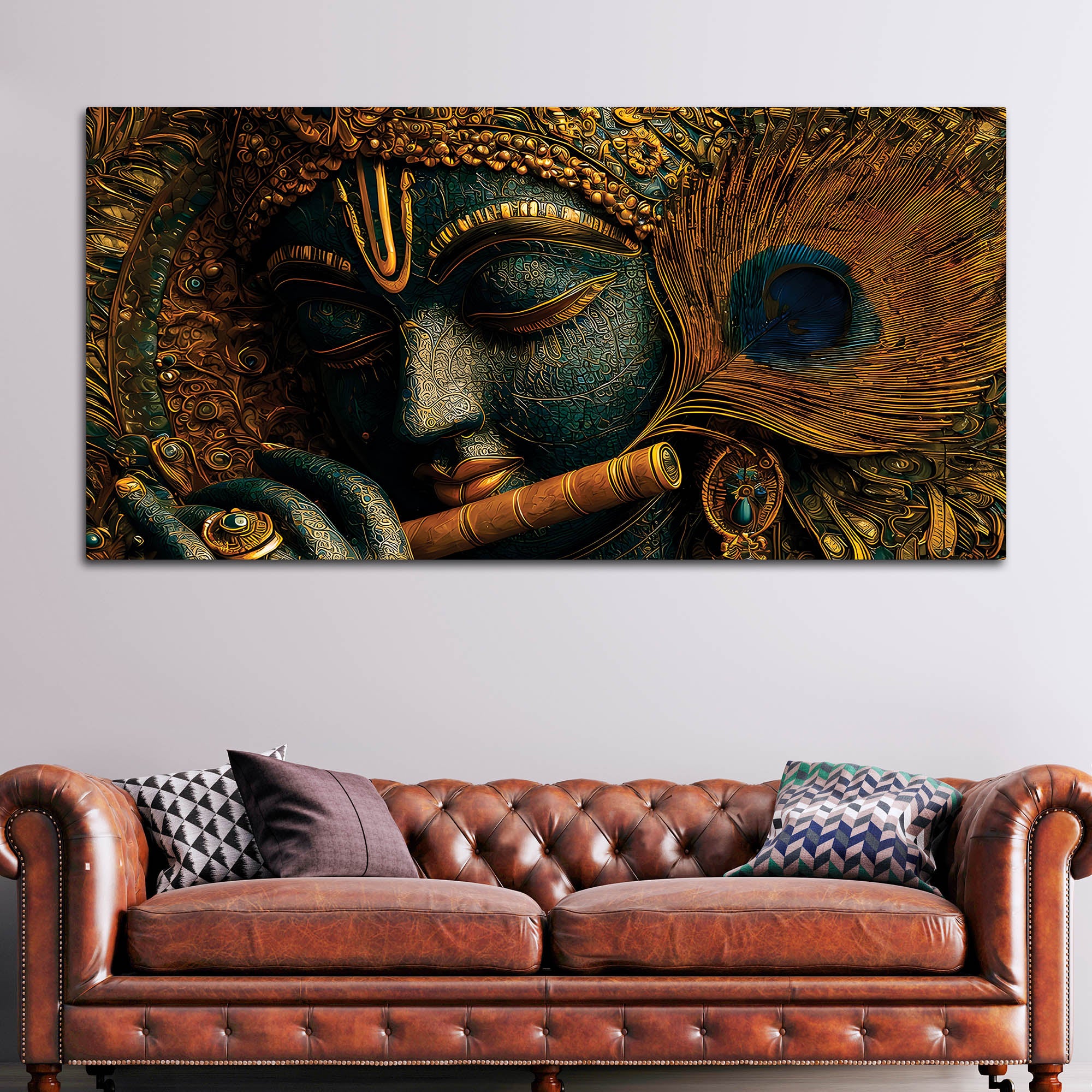Lord Krishna Flute Textured Canvas Wall Painting for Living Room Decor