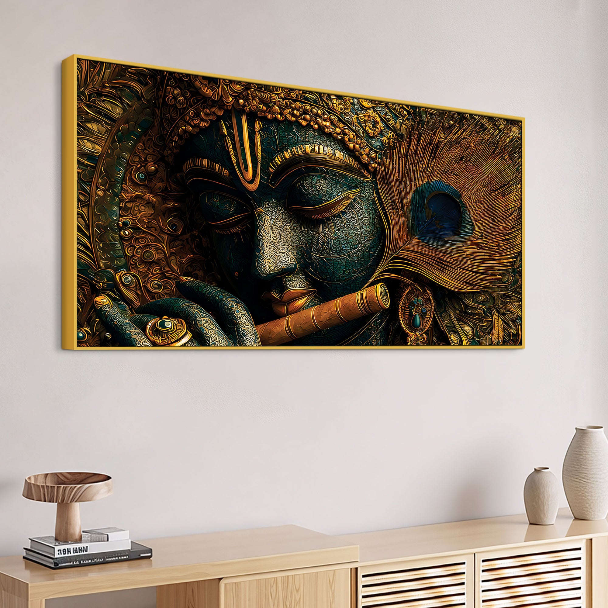 Lord Krishna Flute Textured Canvas Wall Painting for Living Room Decor