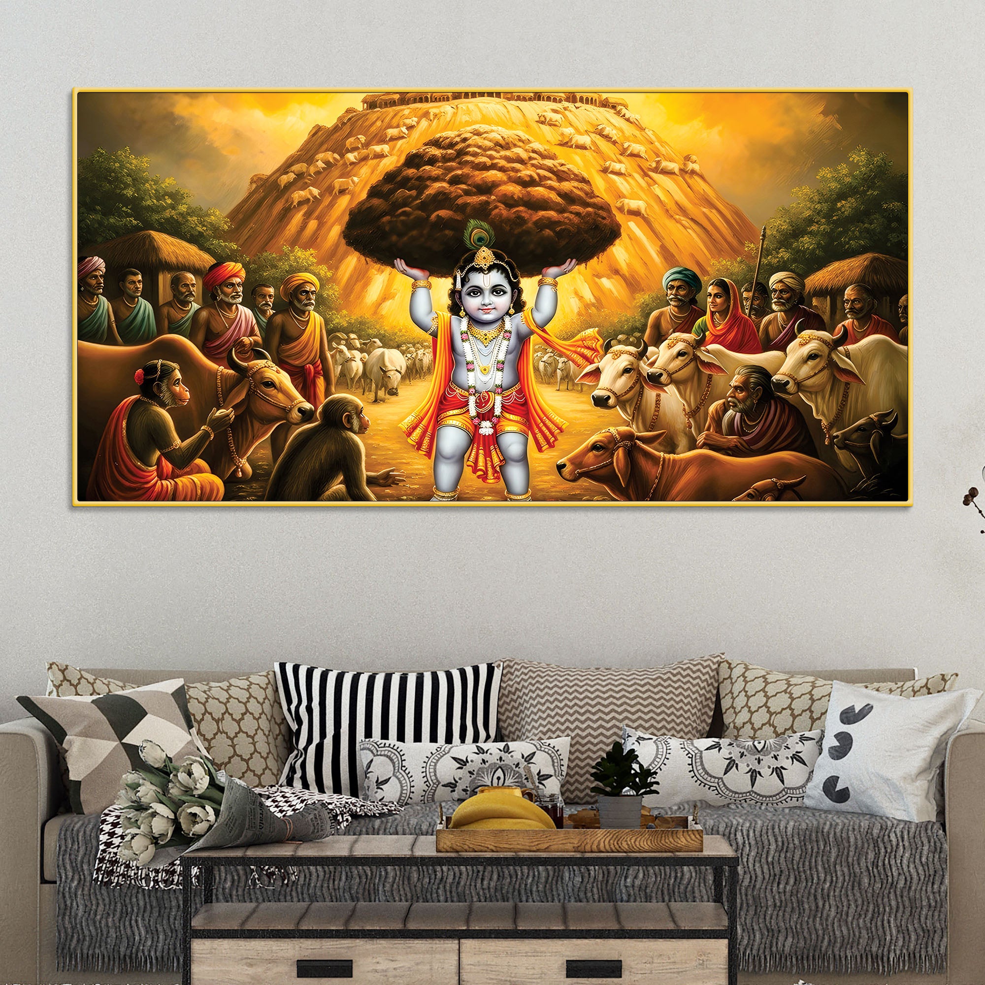 Lord Krishna Govardhan Leela Canvas Wall Painting for Home Décor