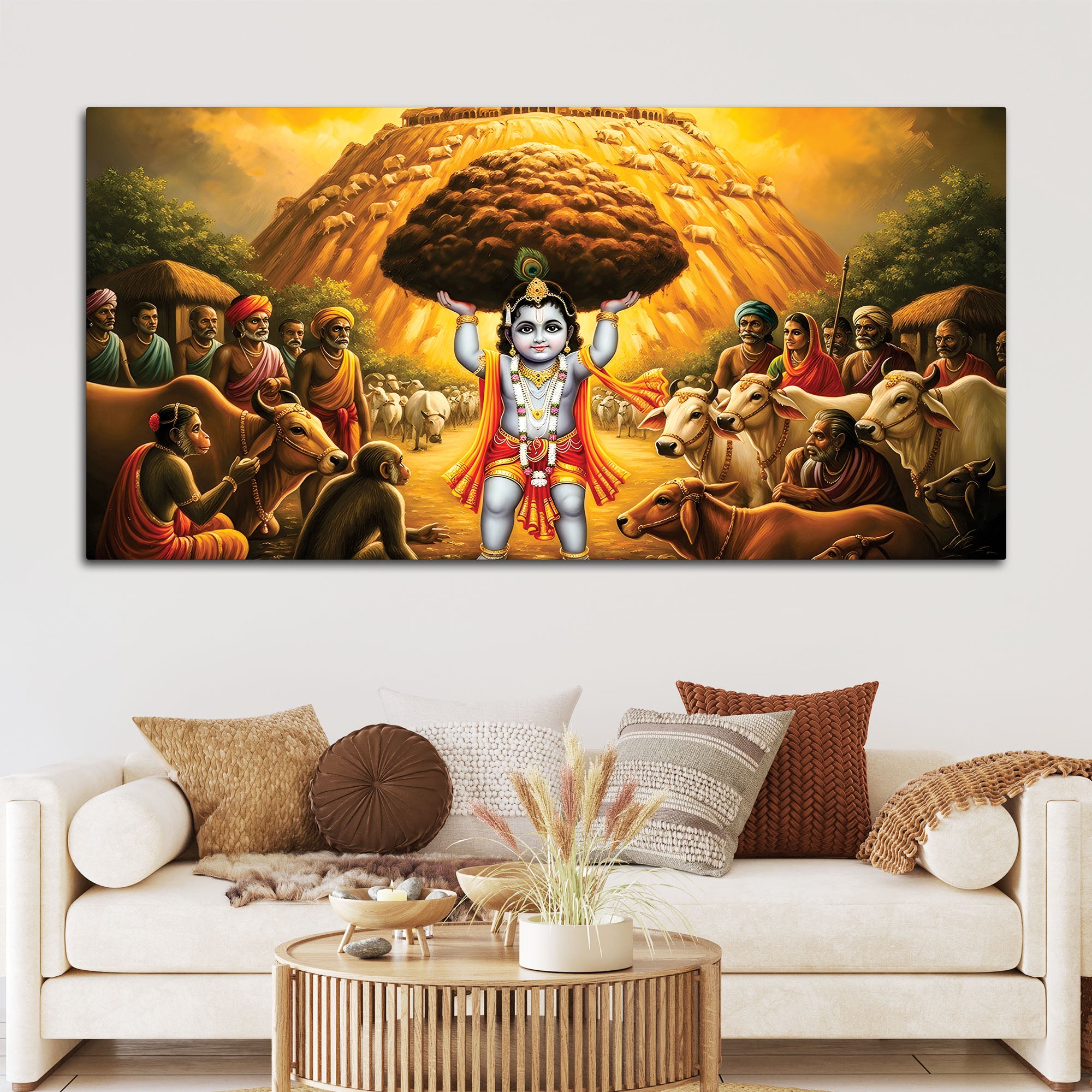 Lord Krishna Govardhan Leela Canvas Wall Painting for Home Décor
