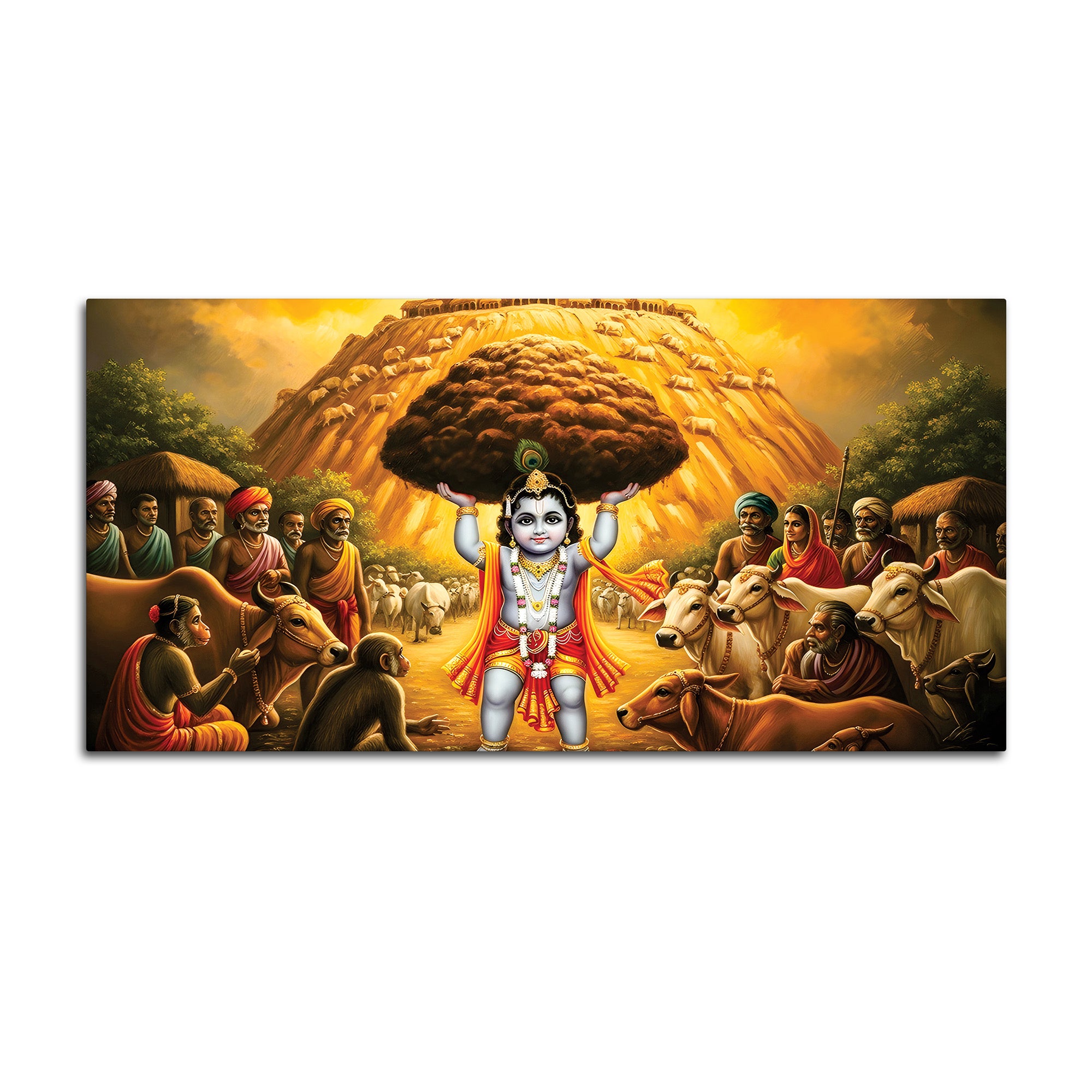 Lord Krishna Govardhan Leela Canvas Wall Painting for Home Décor