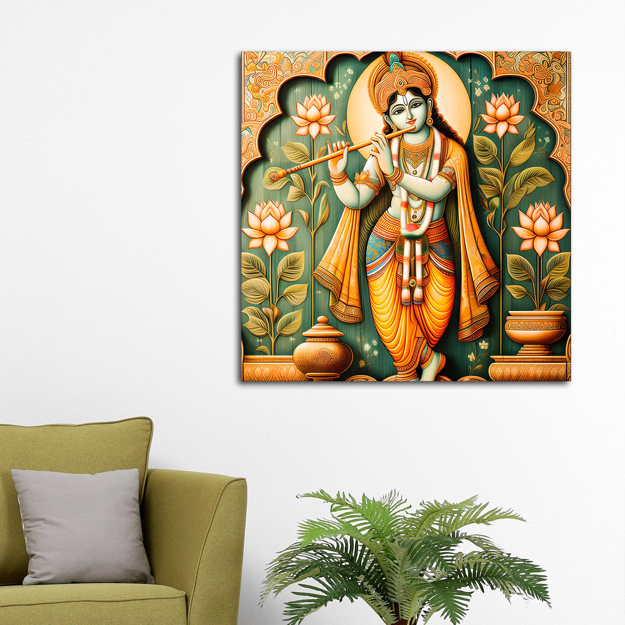 Lord Krishna Murli Manohar Lotus Harmony Spiritual Canvas Wall Painting for Home & Office