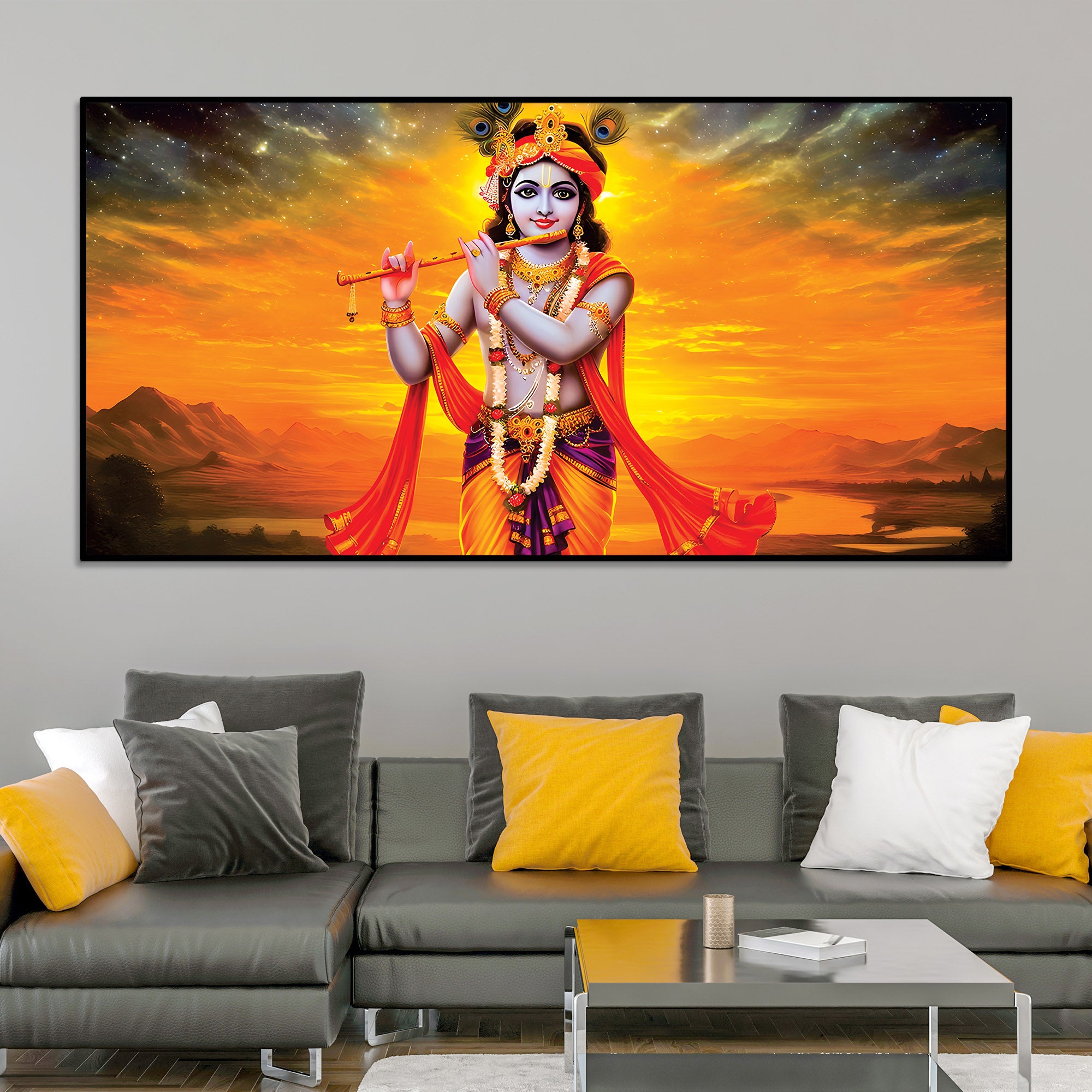 Lord Krishna Playing Flute Canvas Painting for Wall Decor