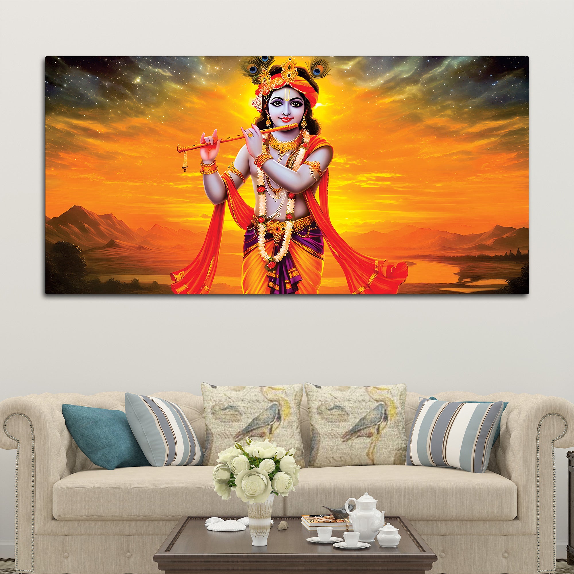 Lord Krishna Playing Flute Canvas Painting for Wall Decor