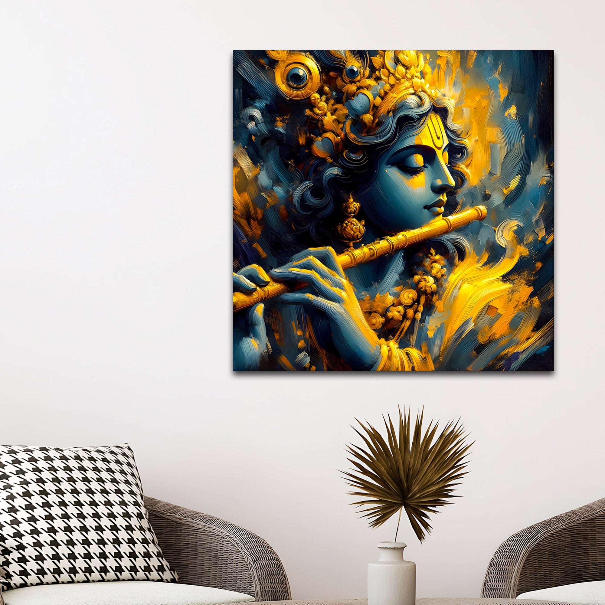 Lord Krishna Playing Flute Canvas Wall Painting for Elegant Home Decor