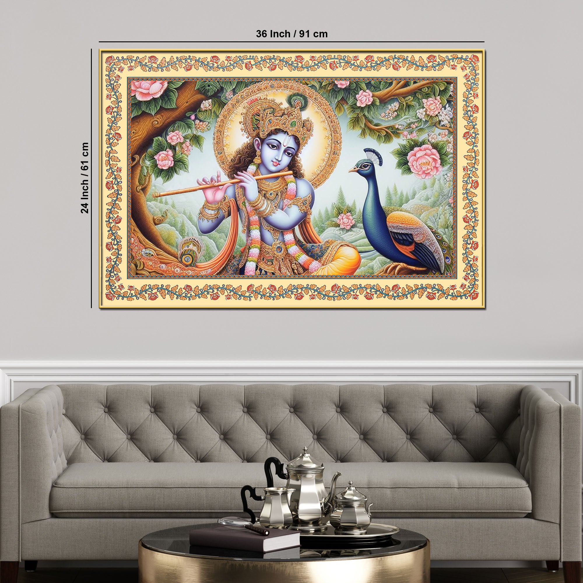Lord Krishna Playing Flute Floral Border Canvas Wall Painting