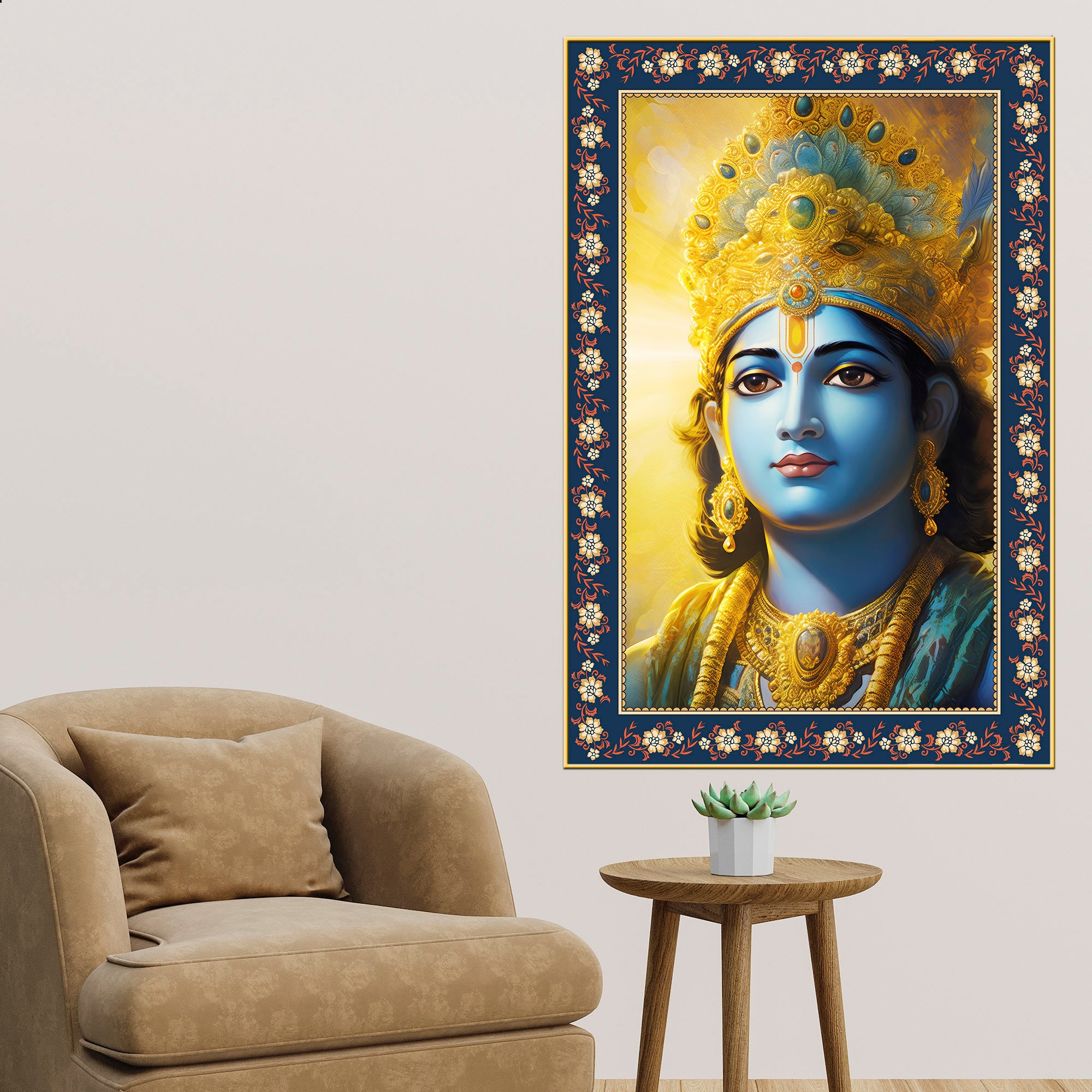 Lord Krishna Sacred and Devotion Floral Border Vertical Wall Painting