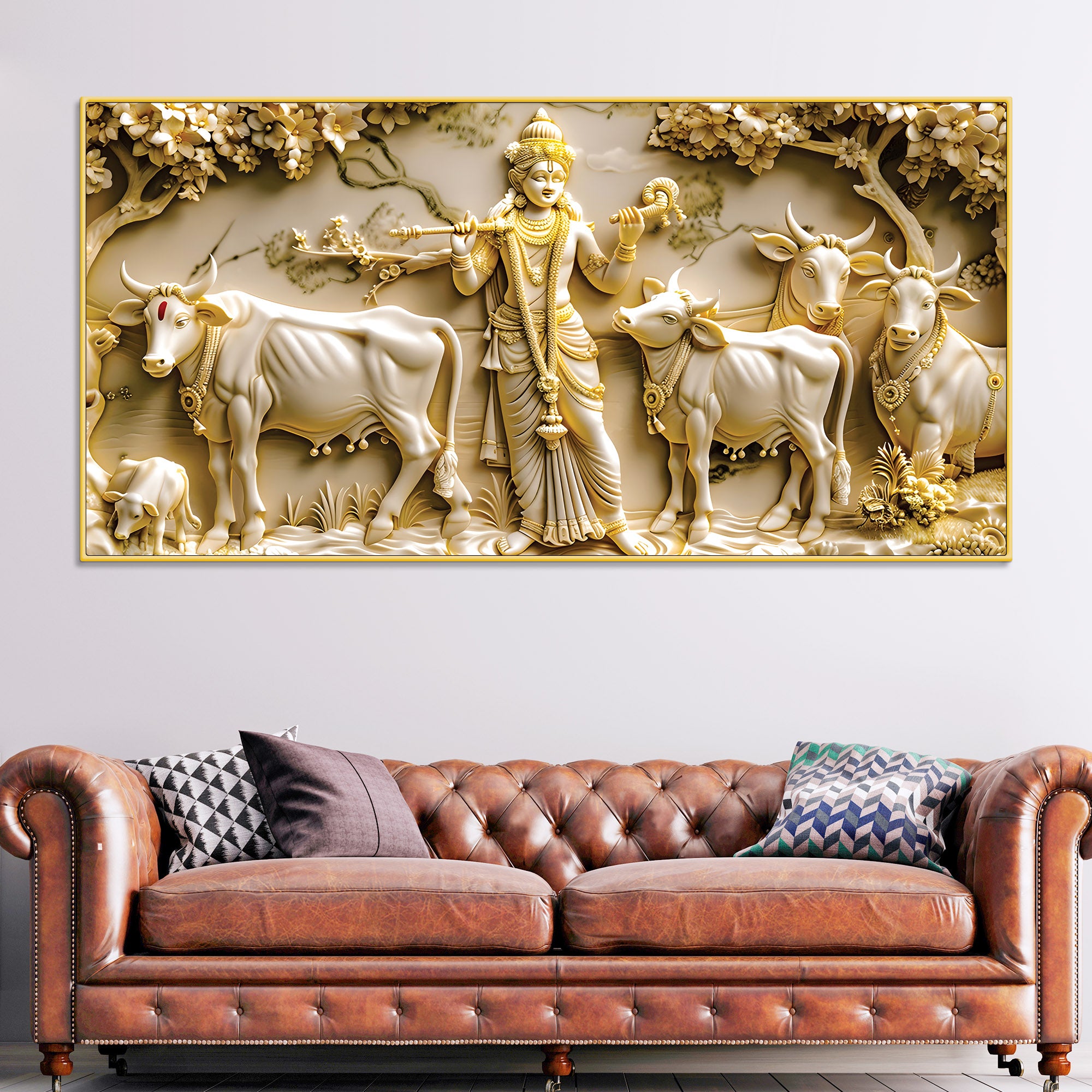 Lord Krishna with Cows Canvas Wall Painting for Living Room Decor