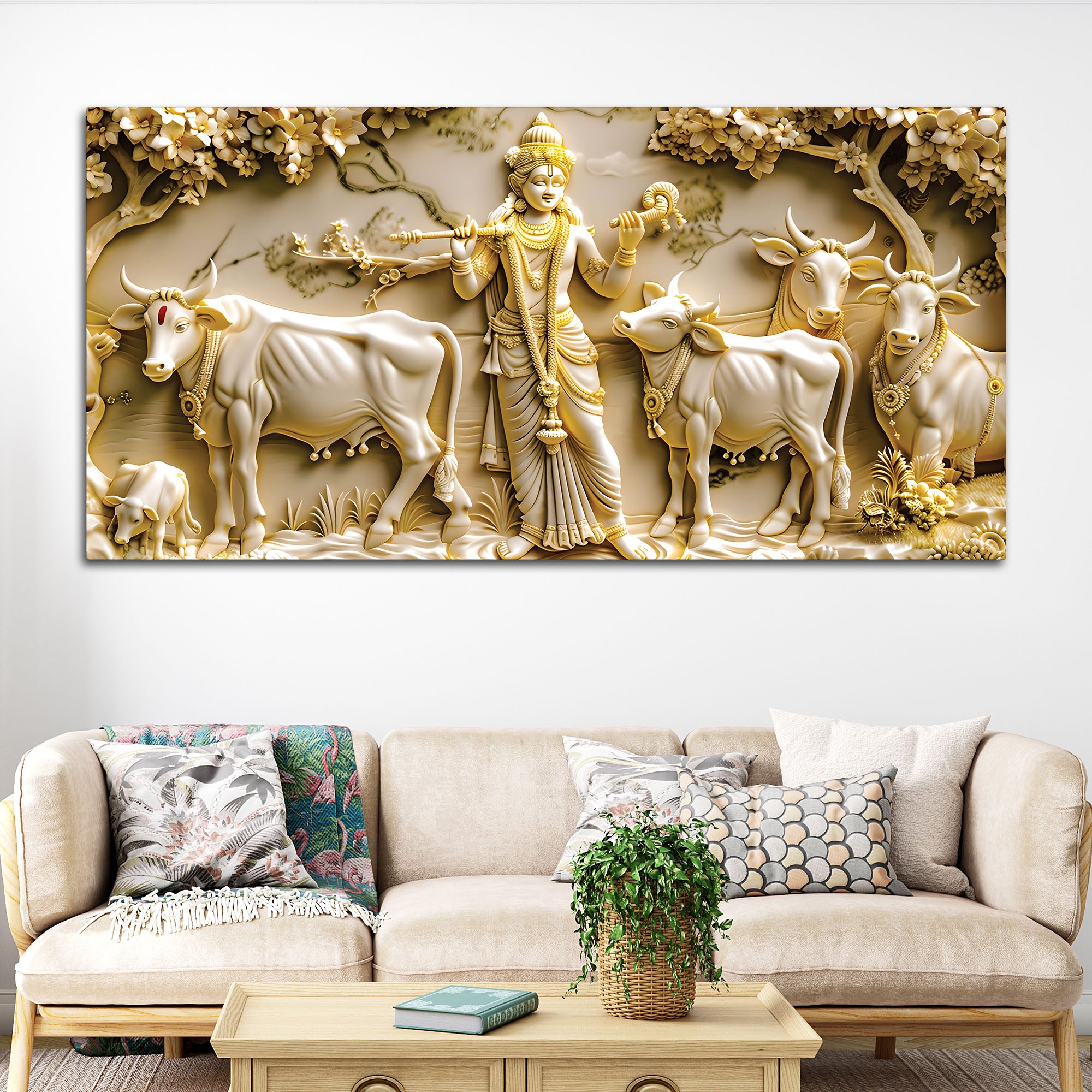 Lord Krishna with Cows Canvas Wall Painting for Living Room Decor