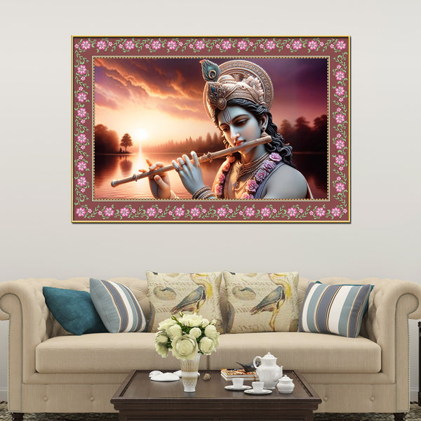 Lord Krishna with Flute in Sunset Floral Border Canvas Wall Painting