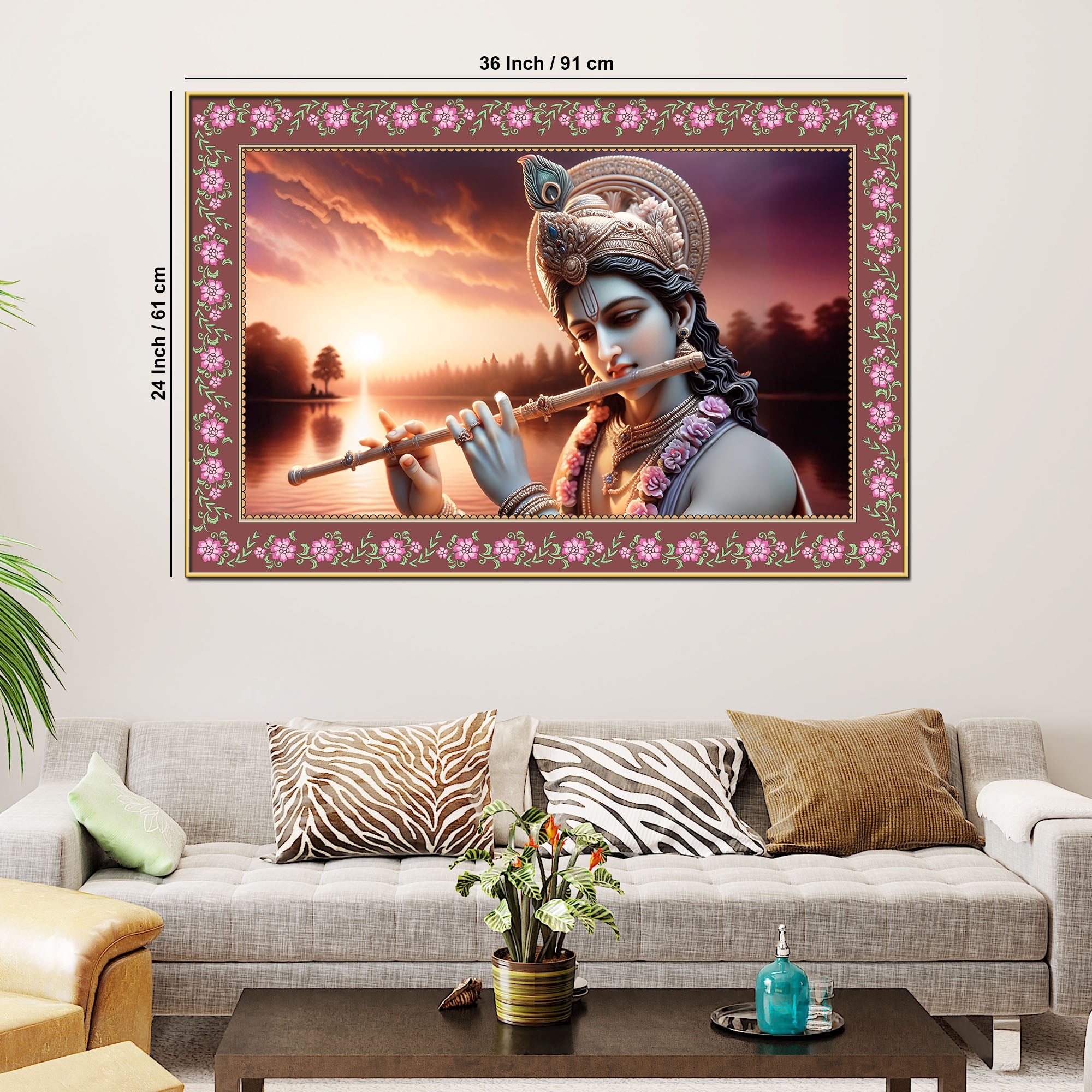 Lord Krishna with Flute in Sunset Floral Border Canvas Wall Painting